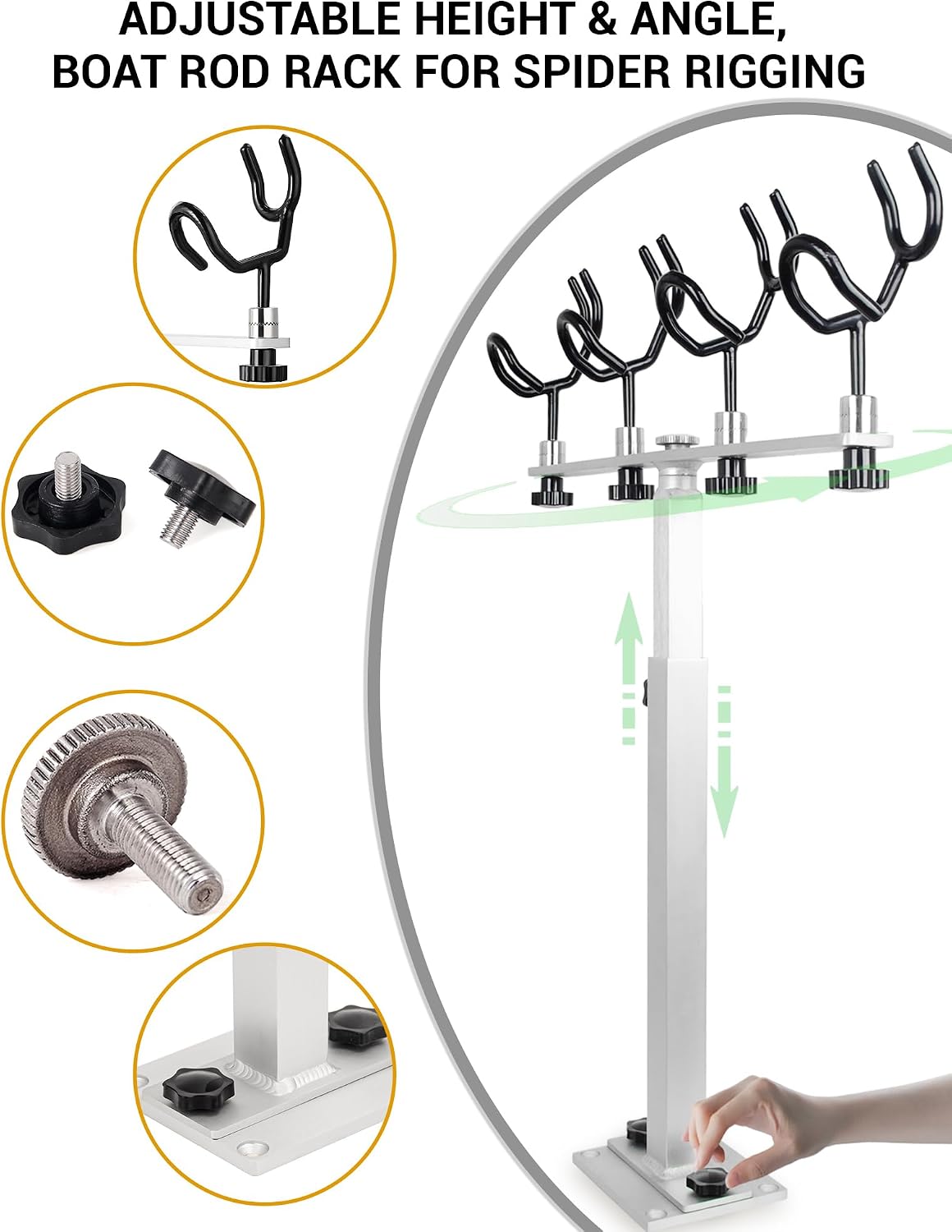 Aluminum Spider Rigging Rod Holder for Boat - 4 Pole Crappie Fishing Rack, Heavy Duty 6063-T5 Marine Grade Aluminum, 16.5"-30.5" Adjustable Height Square Tube Support for Catfish & Trolling - Image 3