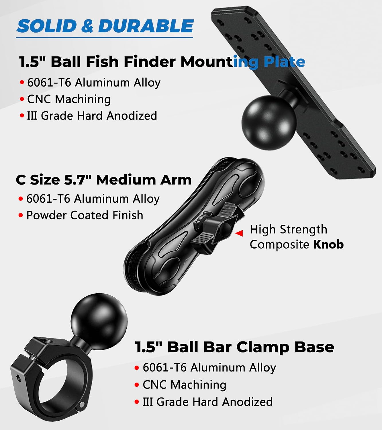 VAZESWIN Aluminum Alloy 1.5" Ball Fish Finder Mount, 5.7" Medium Arm Marine Electronic Mount with Bar Clamp Base, Fit 1.5" 1.65" 1.75" 1.85" 2" Round Rails, for Garmin, Lowrance, Humminbird, Raymarine - Image 2