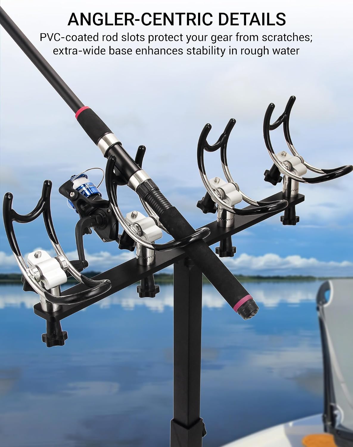 Premium Aluminum Boat Rod Holder - 360° Rotating Fishing Rack for 4 Rods, Adjustable Height (16-30 Inches), Saltwater/Freshwater Compatible with Quick-Release Anti-Trip Mount - Image 4