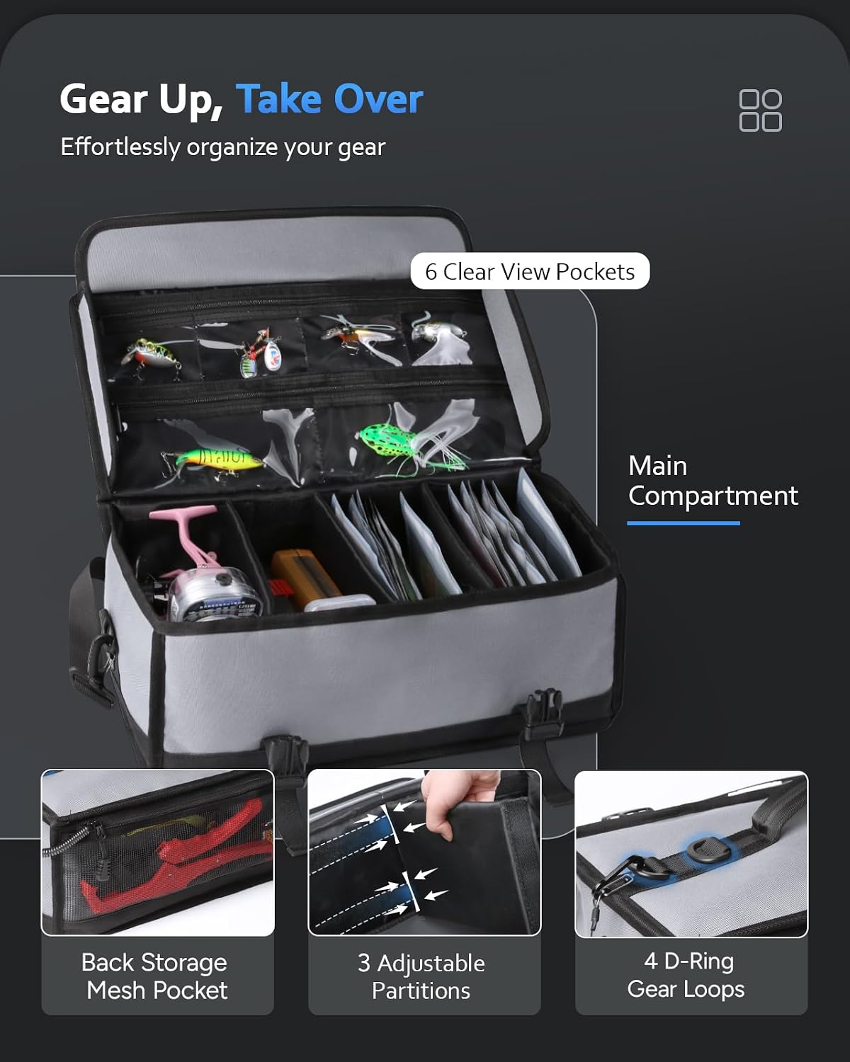 Large Fishing Tackle Bag for Soft Plastic Baits Storage, 20PCS Soft Bait Clear Storage Bag, Fishing Gear Organizer for Weights, Reels & Hooks, 900D Waterproof Oxford Fabric - Image 2