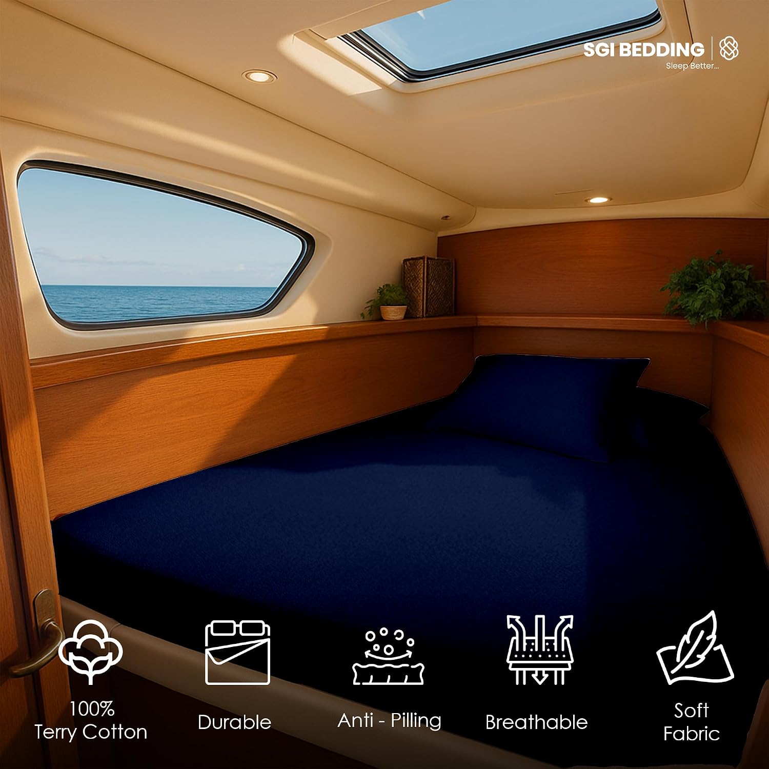 SGI Bedding Waterproof XL V Berth Mattress Protector 102" Head x 82" Length x 30" Foot – 15" Deep Pocket, 360° Fitted Style Mattress Pad Cover, Soft Noiseless & Breathable Cover for Boat – Navy Blue - Image 5