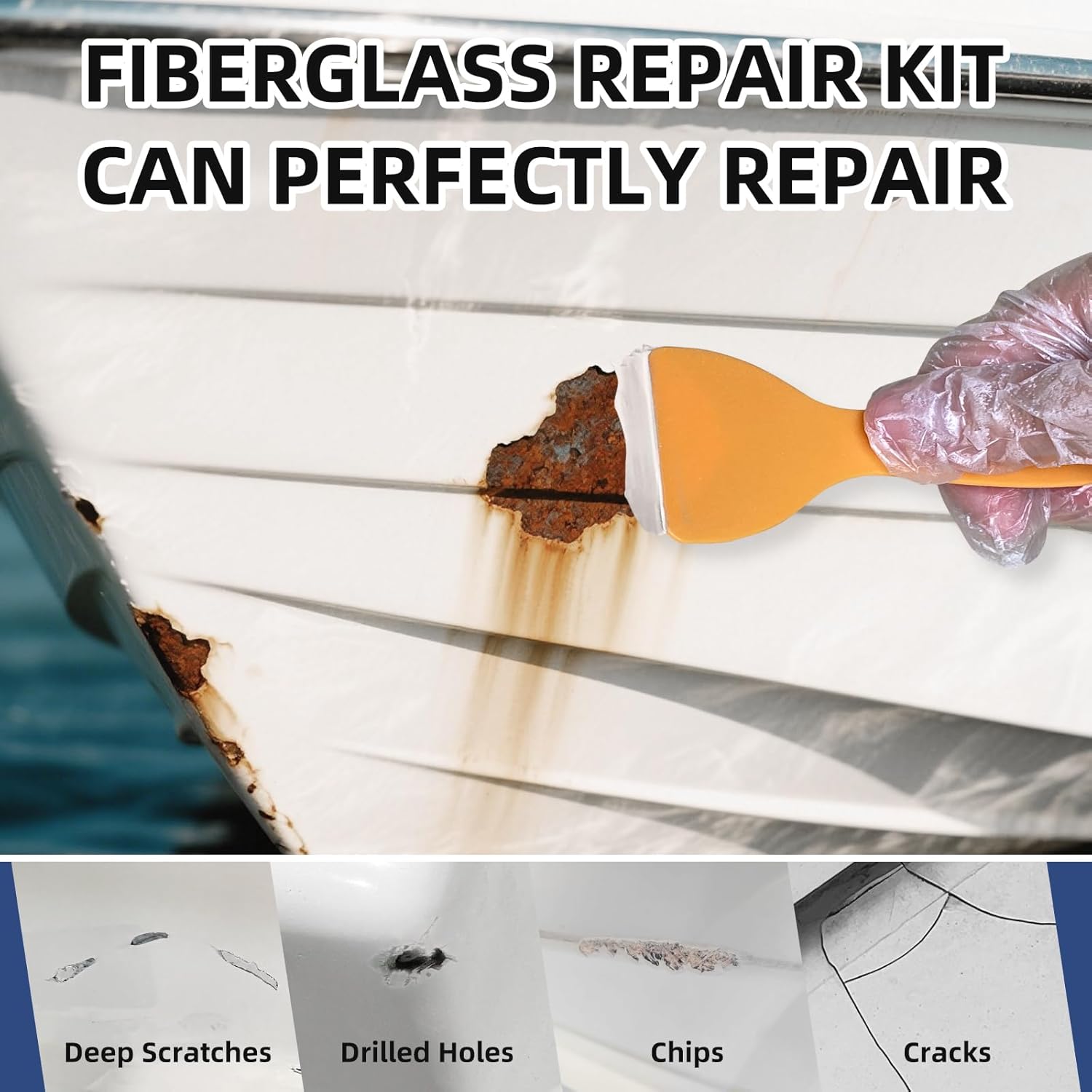 Globalcom Fiberglass Boat Repair Kit White, Gel Coat Repair Kit for Boats, Marine Fiberglass Repair Kit for Boats, Epoxy Filler for Boats, Fiberglass Repair Kit Fix Holes Chips Pit Cracks - Image 6