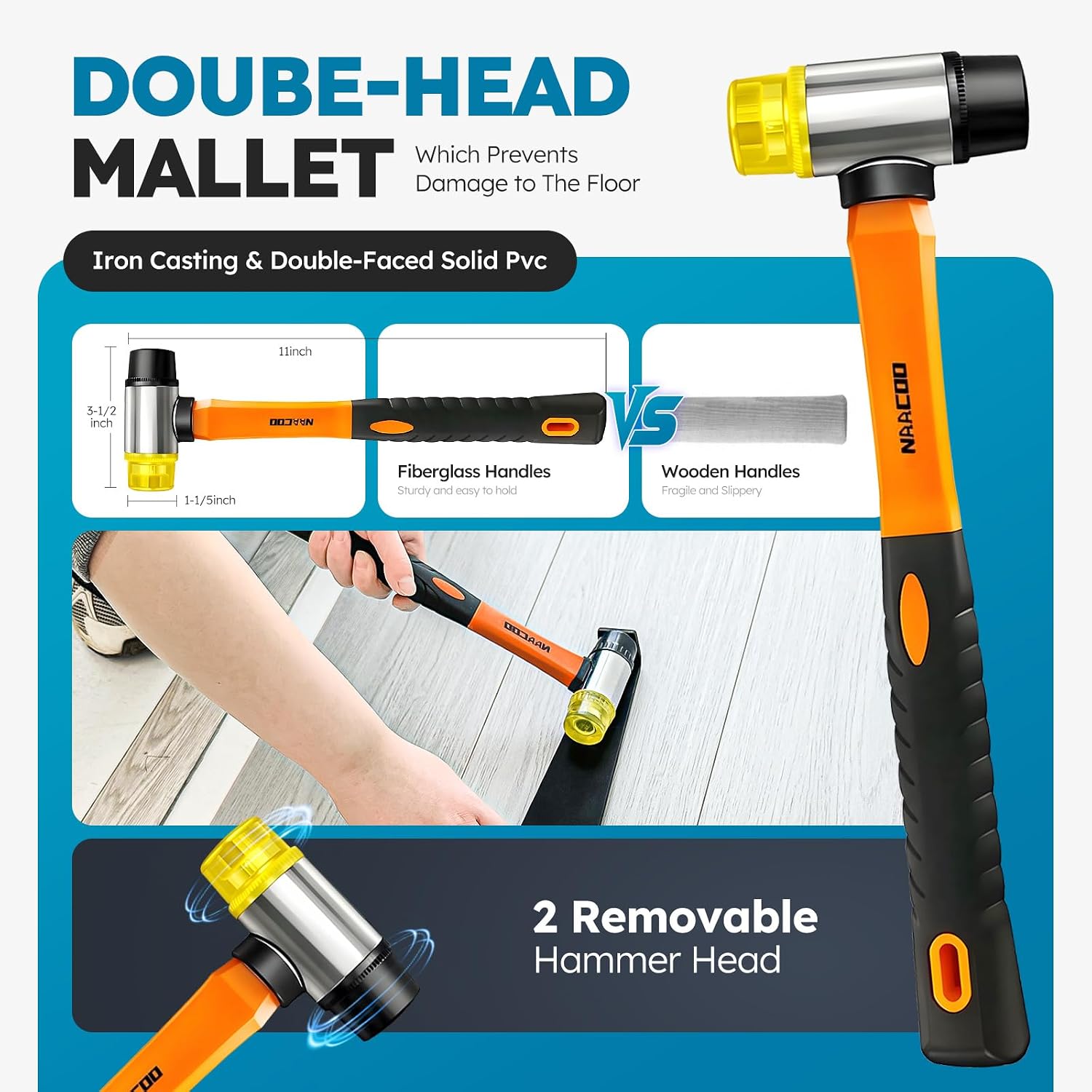NAACOO Laminate/Vinyl Flooring Tools, Tapping Block for Vinyl Plank Flooring-Double Sided with Notches,10In Contour Gauge, Pull Bar, 40Pcs Floor Spacers,Rubber Mallet. Universal Floor Installation kit - Image 6