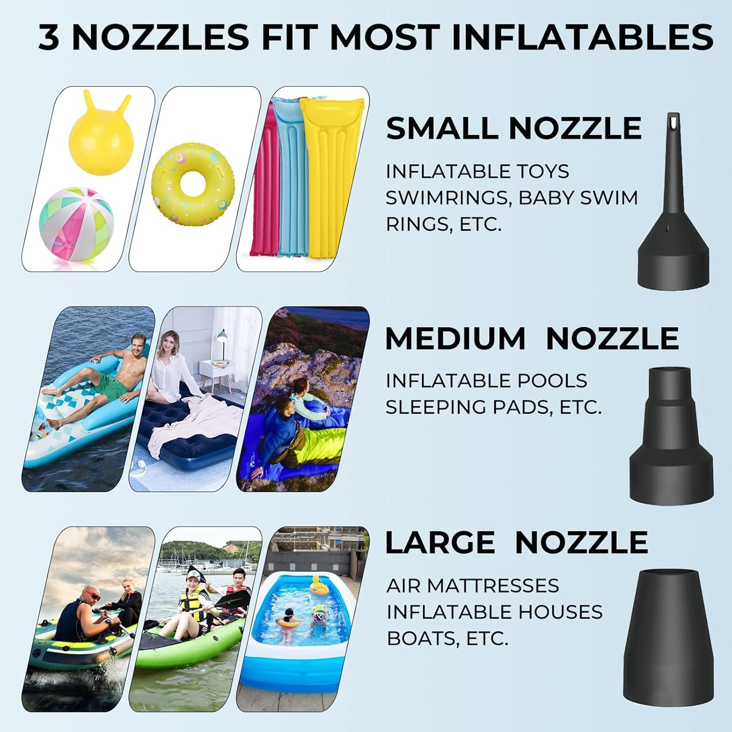 Quick-Fill Electric Air Pump with 3 Nozzles | 2 in 1 Inflator Deflator, Inflatables Pool Float Toys, Indoor Use & Outdoor Camping, AC 110V-120V - Image 3
