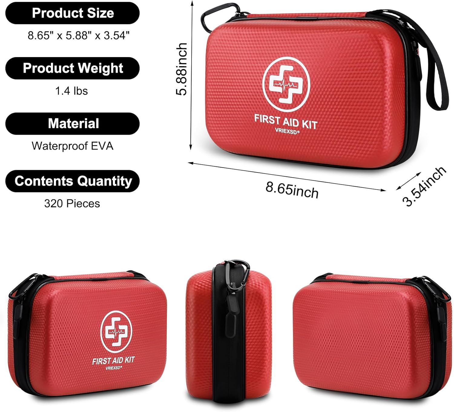 VRIEXSD Premium First Aid Kit, 320 Piece Waterproof Hard Shell Eva First Aid Kit for Home, Camping, Cars, Hiking, Travel, Businesses & Outdoor Emergencies - Emergency Medical Kits (Red) - Image 2