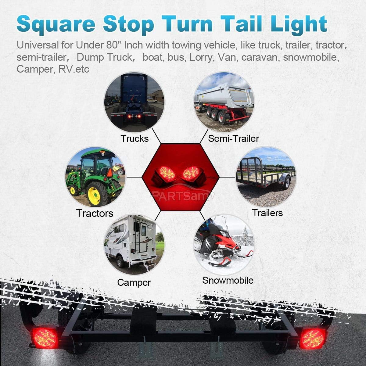 Partsam 12V Submersible Square Led Trailer Lights Smoked Red Combination Led Stop Tail Brake Turn Signal Light for Trailers Under 80" Boat Trailer Truck Marine Camper RV Snowmobile IP68 - Image 7