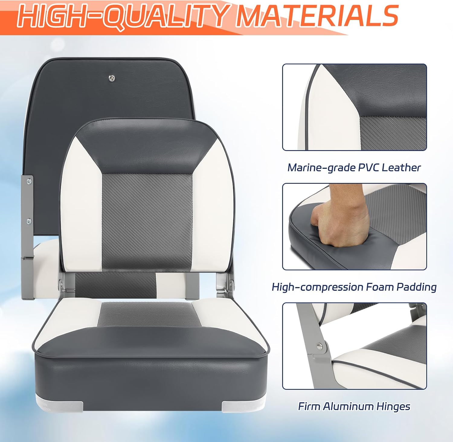 Boat Seats 2 Pack, Skureay Low/High Back Fishing Folding Boat Seat Waterproof Captain Boat Chair,Boatseat 2 Pack Suitable for Jon/Pontoon/Canoe/Bass Tracker Boat seats-UNIQUE Color Design (Gray/White) - Image 4