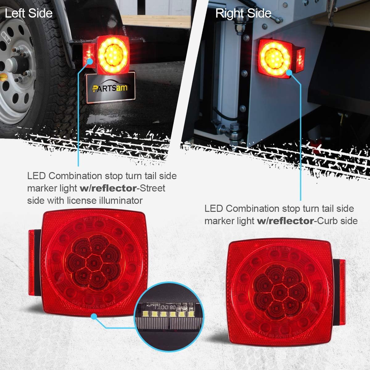 Partsam 12V LED Trailer Light Kit, Halo Glow Submersible Square Tail Lights Kit Left Right Turn Stop Signal for Under 80 Inch Boat Trailer RV Camper Marine Snowmobile (Led Boat Trailer Light kit) - Image 4