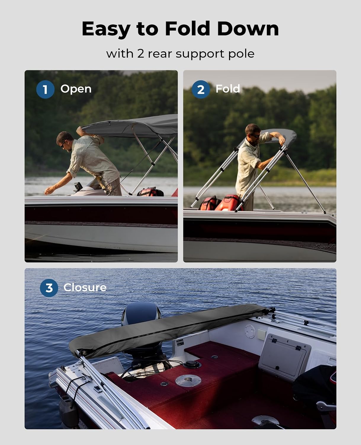 KEMIMOTO Bimini Top for Boat, Bimini Tops Cover 600D Marine Grade Canvas Boat Canopy with 6ft Length 54 in - 96 in Width 46 in Height, Includes Mounting Hardware, Straps Rear Support Poles - Image 5
