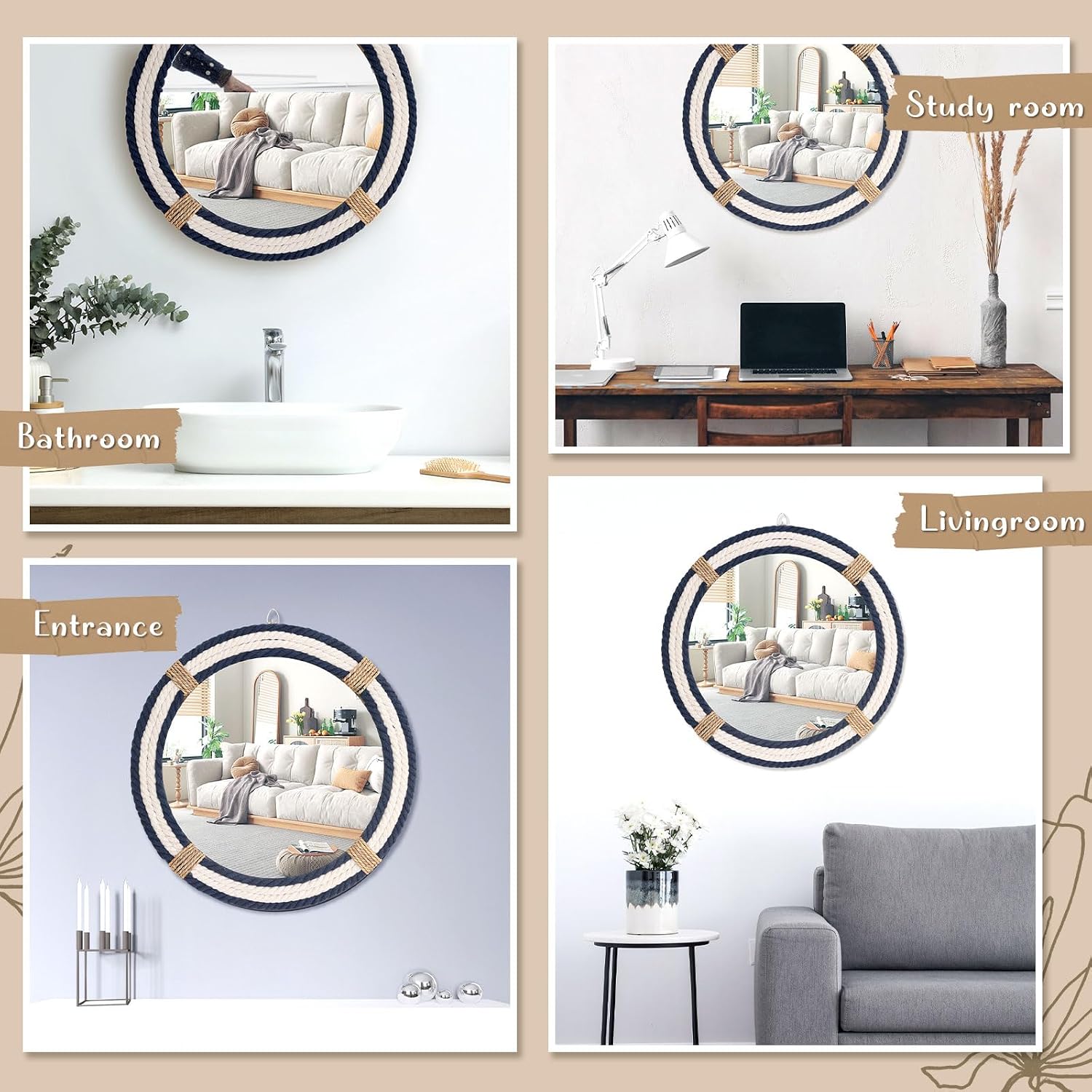 Vercraft Nautical Coastal Mirror 16" Wall Decor with Rope Wrapped Trim and Hanging Loop Round Circle Nursery Mirror Nautical Boho Rustic Decorative for Living Room, Bedroom Blue and White - Image 5