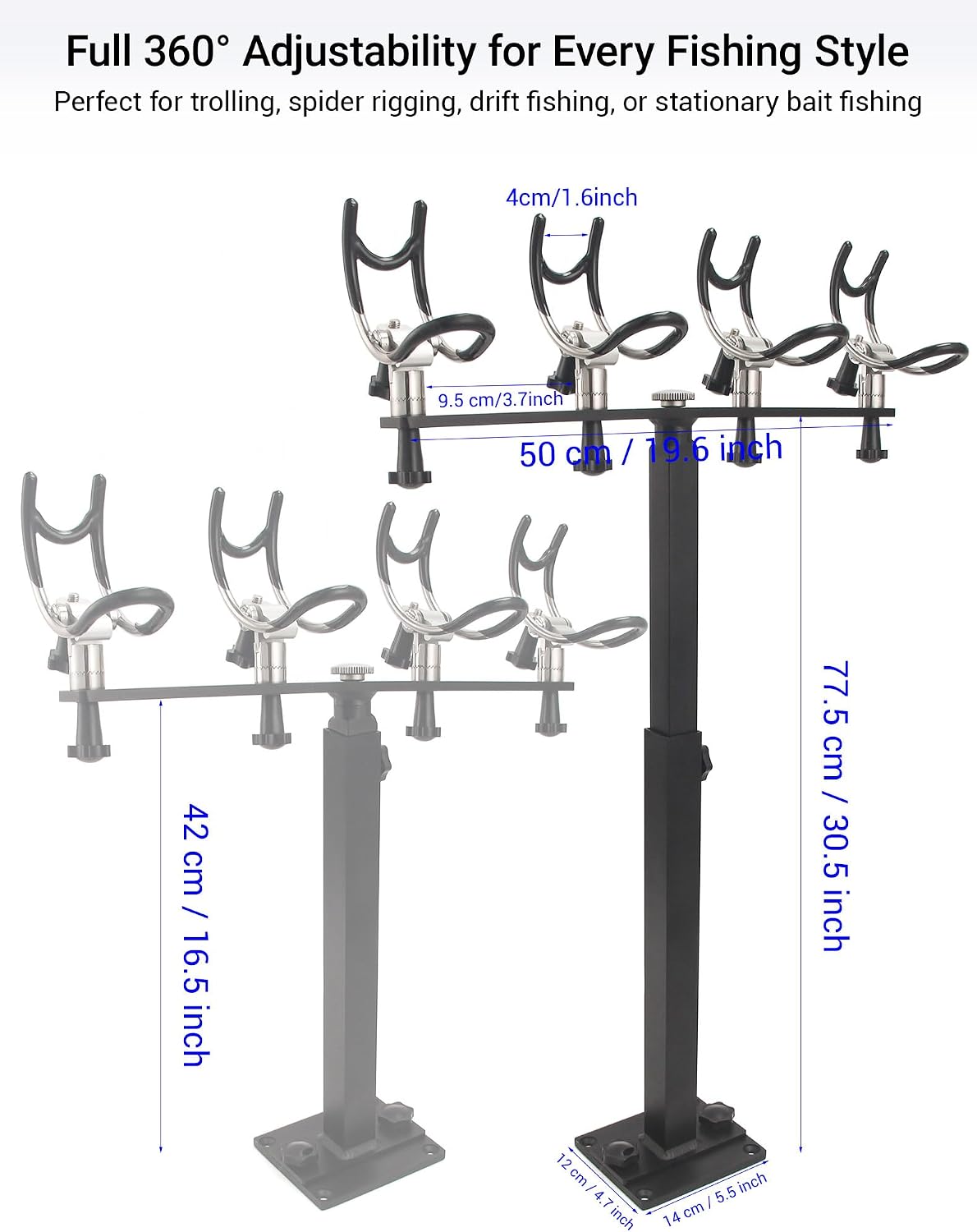 Premium Aluminum Boat Rod Holder - 360° Rotating Fishing Rack for 4 Rods, Adjustable Height (16-30 Inches), Saltwater/Freshwater Compatible with Quick-Release Anti-Trip Mount - Image 2