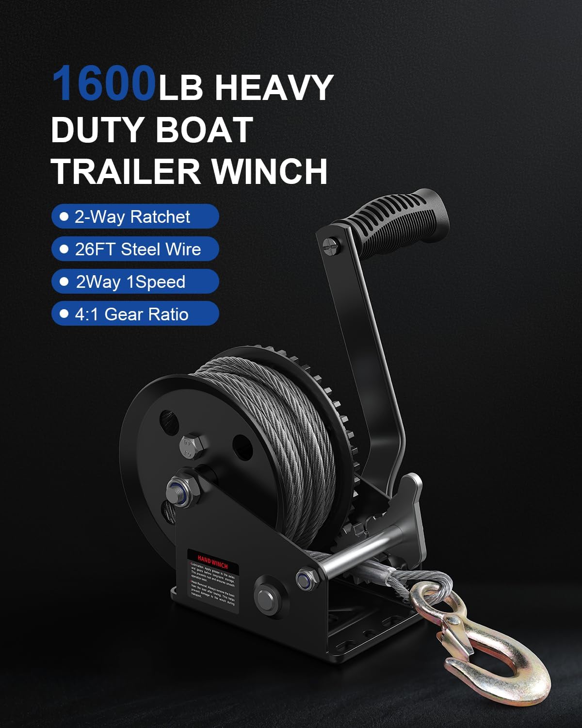 Boat Trailer Winch 1600lb, Portable Hand Crank Winch with 26FT Steel Cable, 2-Way Ratchet 4:1 Gear Ratio for Boat, ATV, Jet Ski, Marine Towing - Image 2