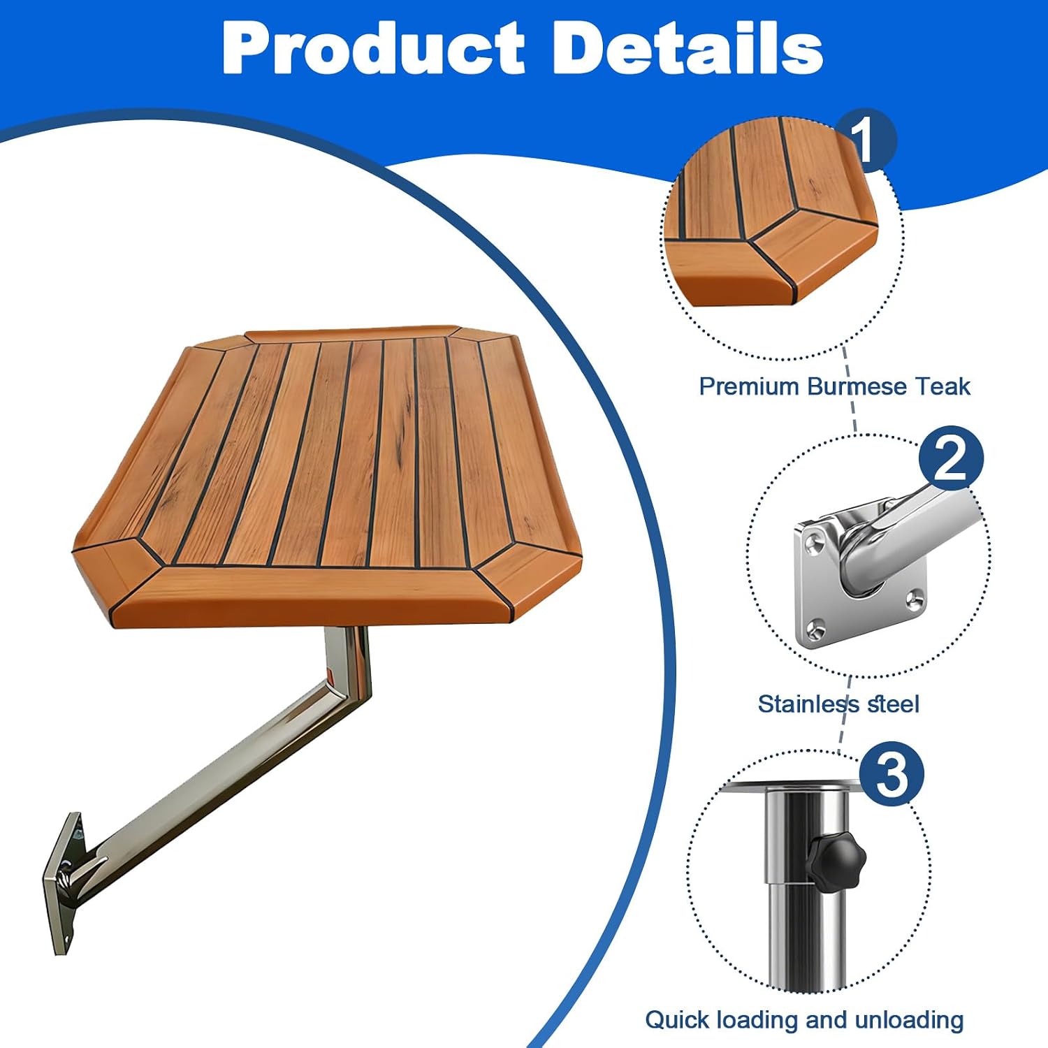 Wall-Mounted Teak Table, Removable and Adjustable Direction Marine Table, Wall-Mounted Dining Table, Burmese Teak with Stainless Steel Legs, Suitable for RVs and Boats. - Image 4