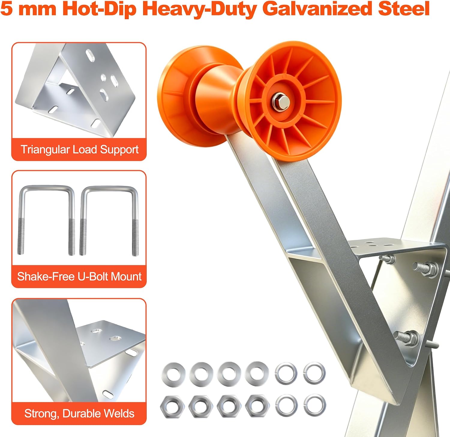 Boat Trailer Winch Stand, 5mm Galvanized Steel, 5.1" PU Orange Roller & U-Bolts, Heavy-Duty Winch Post Fits 2-3" W x 2-3" H, for Fishing Boat, Jet Ski, Speedboat, Sailboat - Image 2
