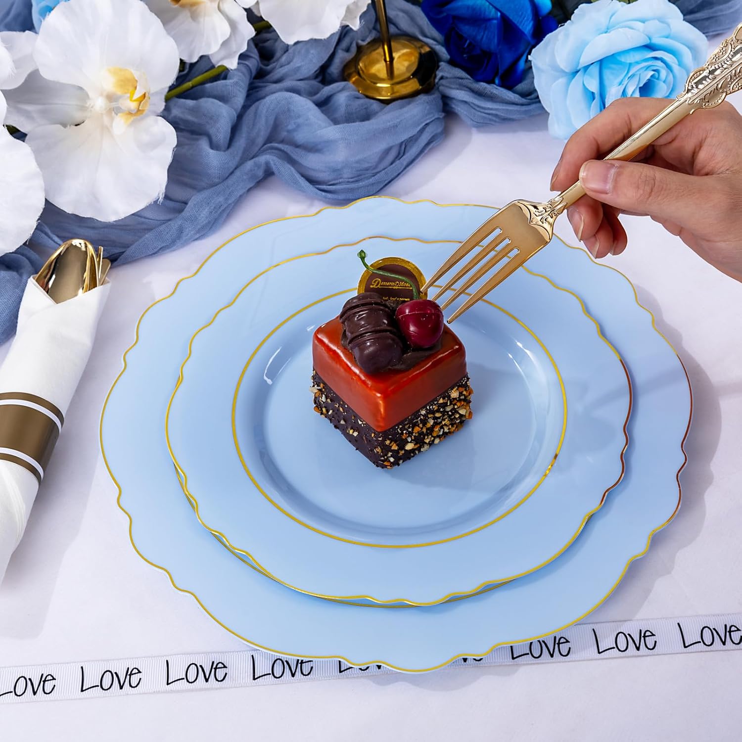 Liacere 350PCS Blue Plastic Plates - Disposable Blue and Gold Plates 50guest Baroque Plastic Dinnerware include 100Plates, 50Pack Pre Rolled Napkins with Silverware 50Cups for Wedding&Party - Image 4