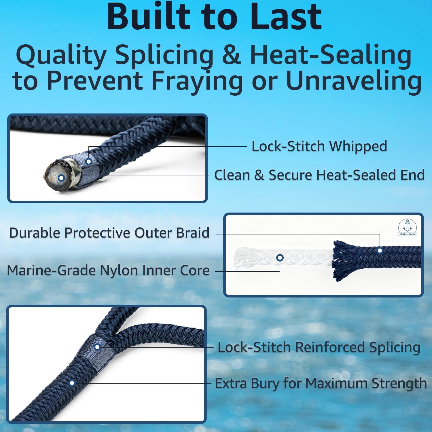 Double Braid 1/2" x 15' Boat Dock Lines (4-Pack) – Nylon Boat Ropes for Docking with 12" Spliced Eye – Heavy Duty Marine Rope – Soft & Durable Boat Lines for Pontoon and Light Boat (Navy Blue) - Image 5