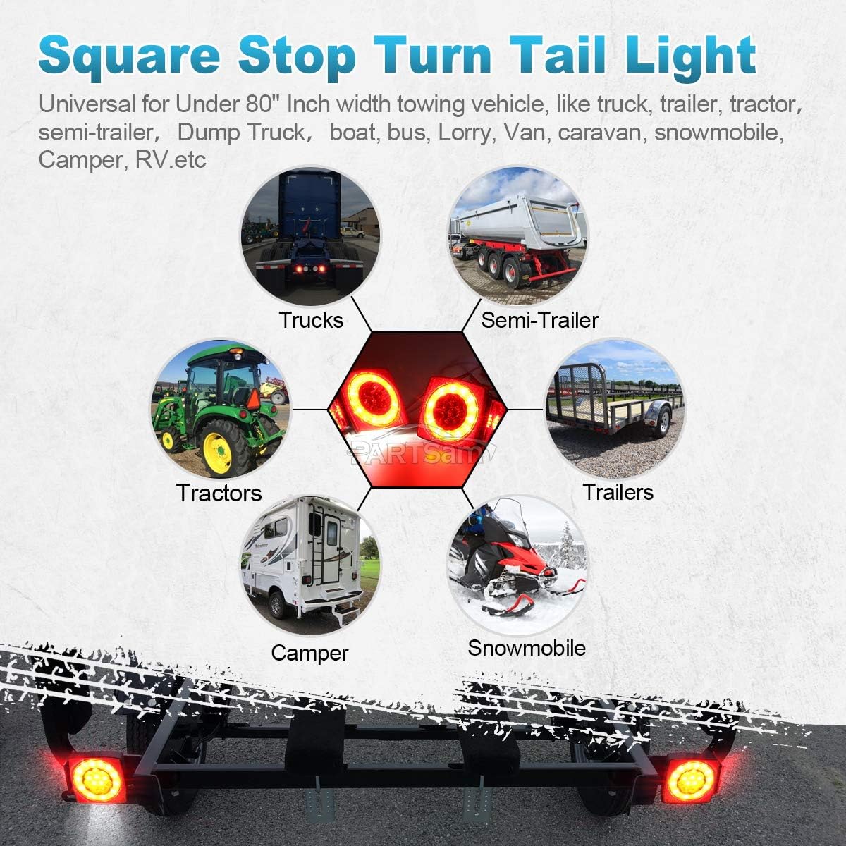 Partsam 12V LED Trailer Light Kit, Halo Glow Submersible Square Tail Lights Kit Left Right Turn Stop Signal for Under 80 Inch Boat Trailer RV Camper Marine Snowmobile (Led Boat Trailer Light kit) - Image 7