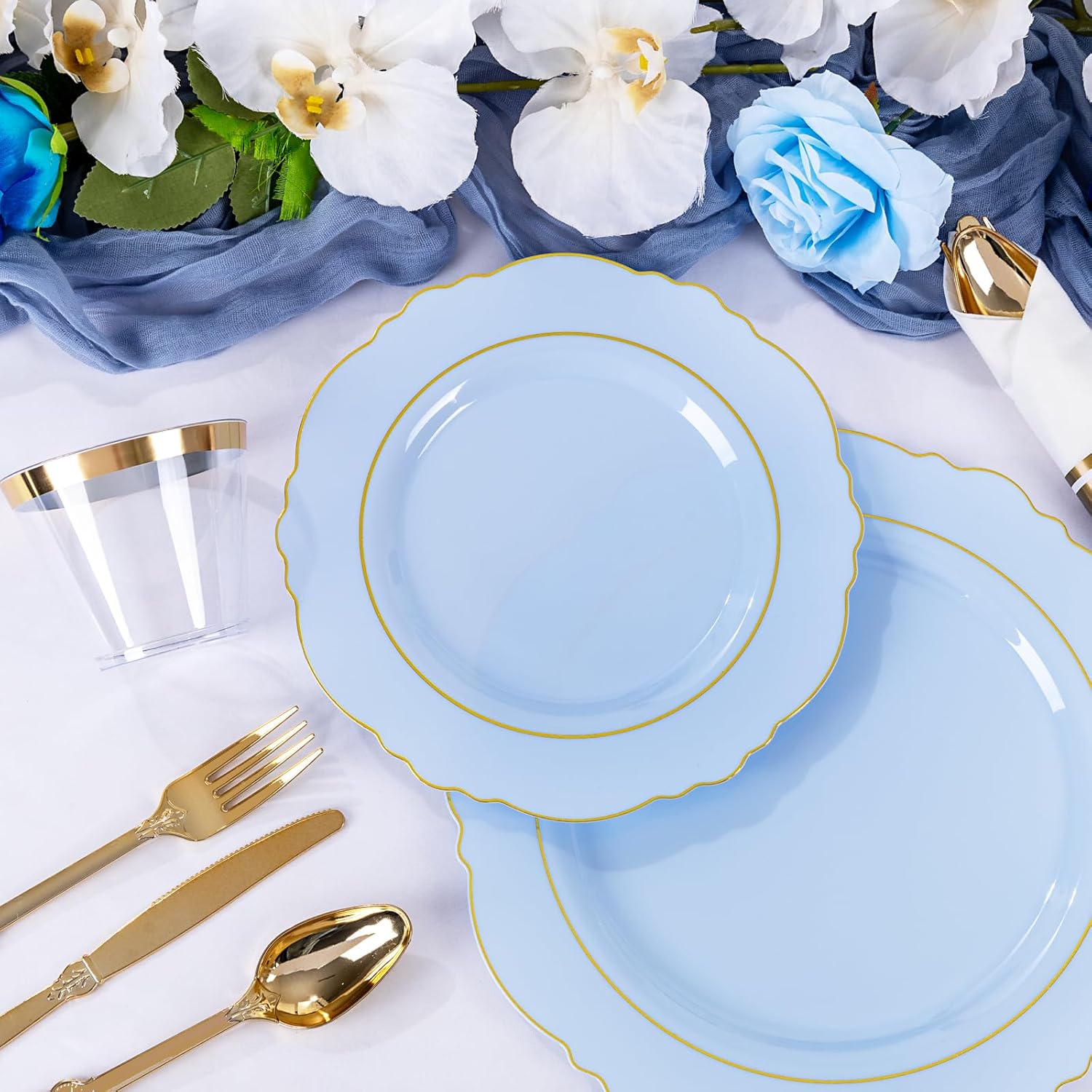 Liacere 350PCS Blue Plastic Plates - Disposable Blue and Gold Plates 50guest Baroque Plastic Dinnerware include 100Plates, 50Pack Pre Rolled Napkins with Silverware 50Cups for Wedding&Party - Image 5