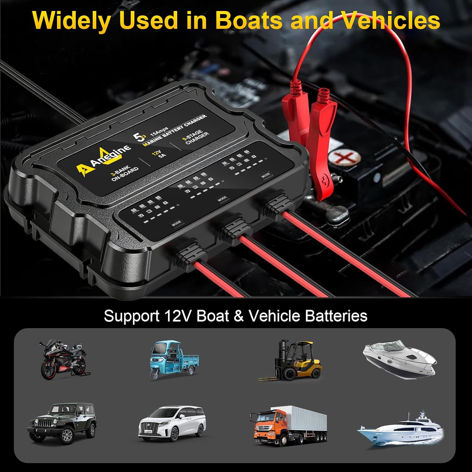 3 Bank Marine Battery Charger, 12V (5A/Bank) IP68 Waterproof LCD Onboard Battery Charger with Overcharge Protection & Temperature Compensation- for Lead-Acid, AGM, EFB, LiFePO4, Lithium, Boat, Car, RV - Image 7