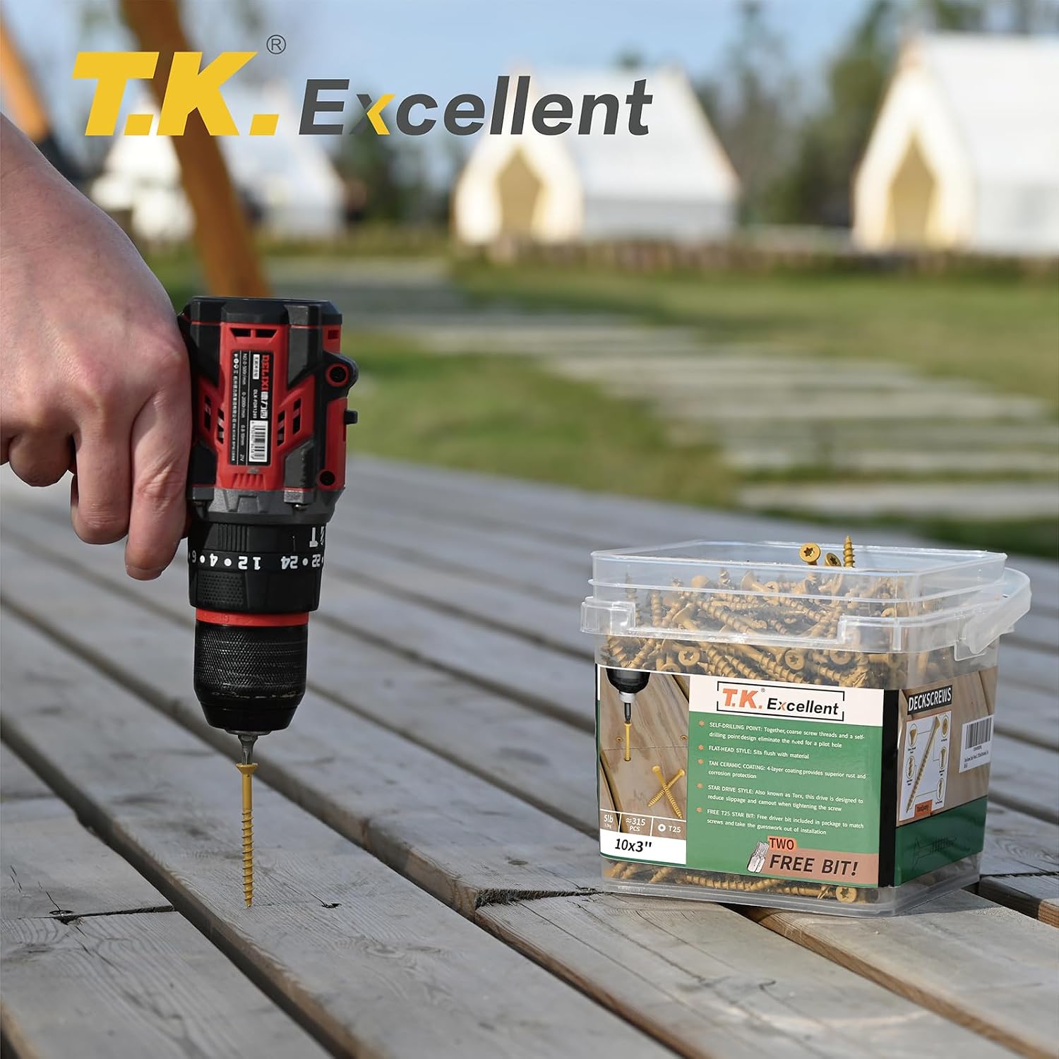 T.K.Excellent Deck Screws 3 Inch Wood Screws #10 x 3, 315 Pcs, Rust Resistant Structural Screws Tan Exterior Fence Screws Torx Drive Screw, Two T25 Bits, Brilliant Yellow Ruspert Coating Rust Proof - Image 7