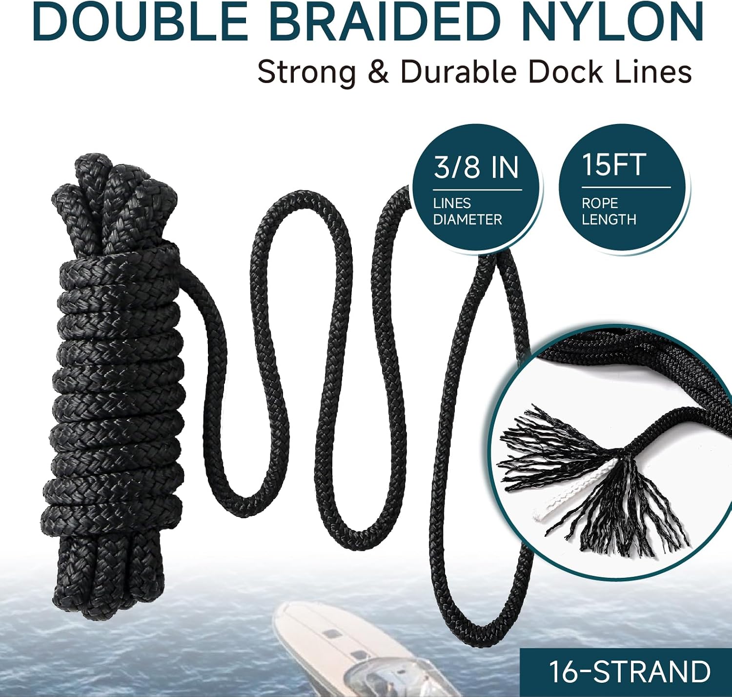 AUTOWN 4 Pack 3/8" x 15' Boat Dock Lines, Premium Marine-Grade Double Braided Nylon Dock Line, High Strength Boat Rope for Docking with 12" Loop, Easy Handling, Black - Image 2