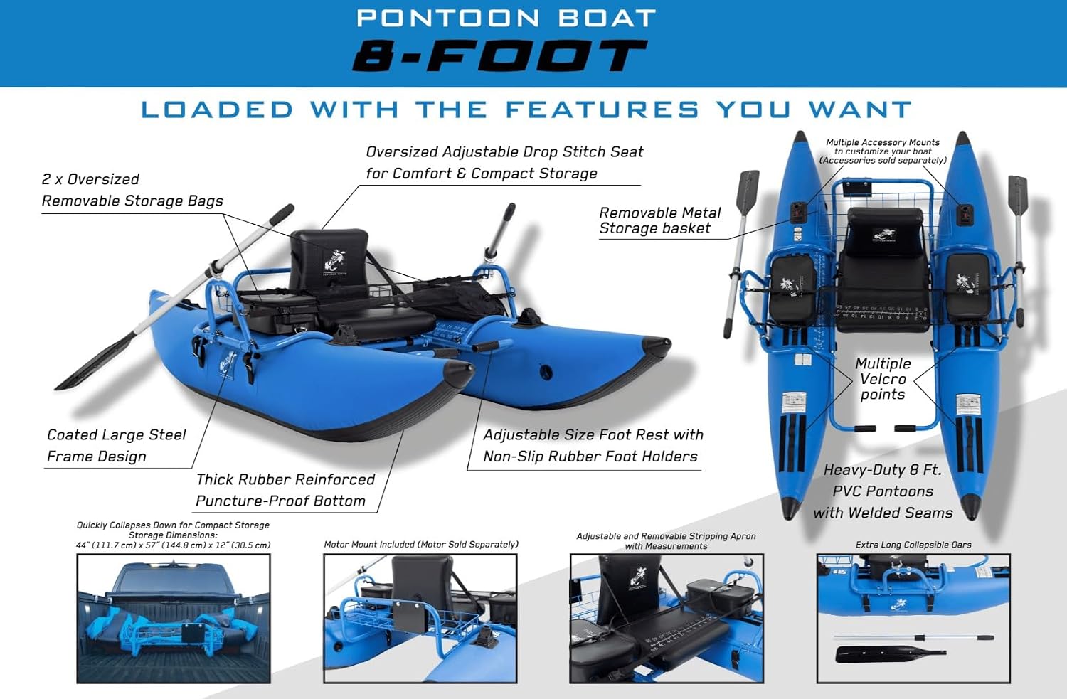 CADDIS Full Frame Pontoon Fishing Boat Made with Steel/Aluminum for 1 Person – 8/9 Foot Options, Lightweight with Motor Mount, Collapsible Frame and Reinforced Bladderless PVC Pontoons - Image 2
