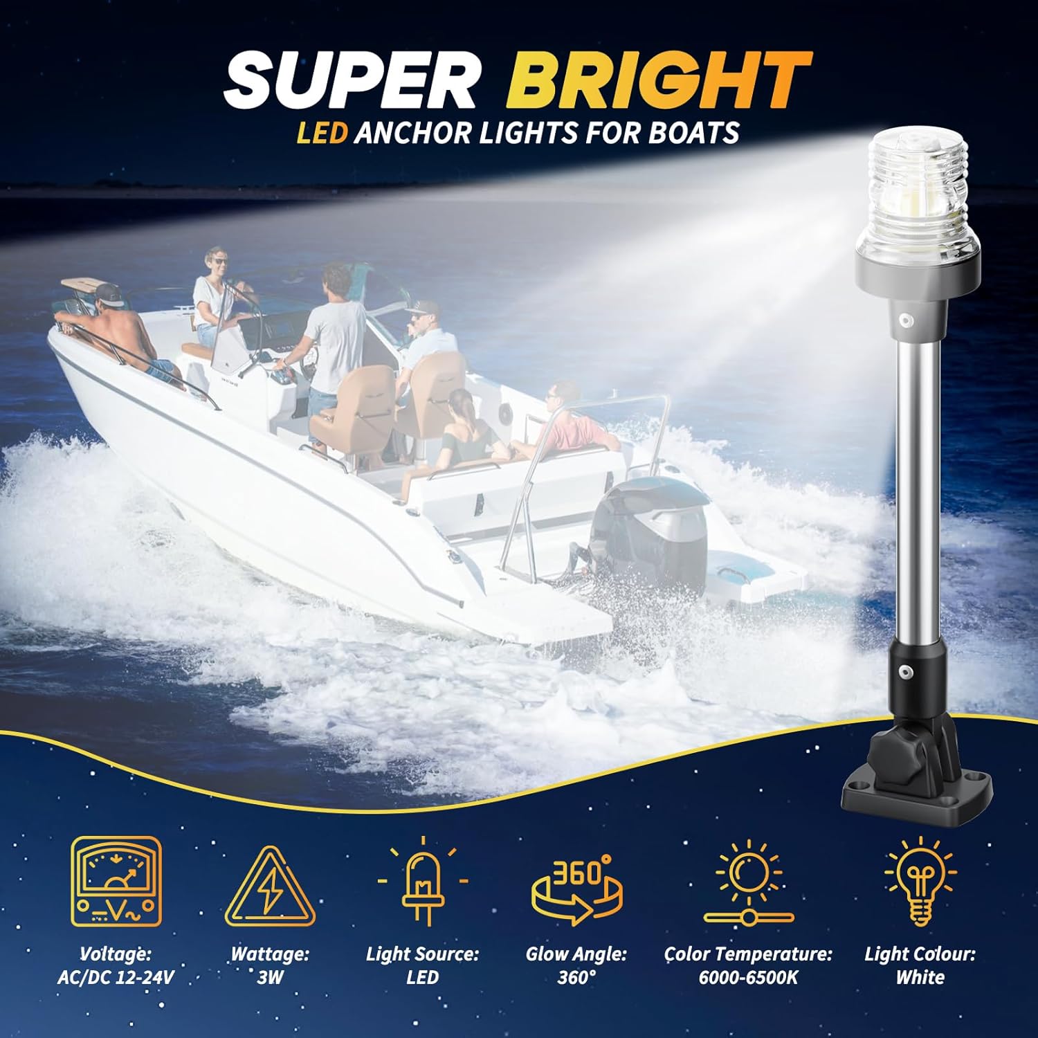 12 Inches Anchor Light Stern Light, White Navigation Lights for Boats LED Waterproof IP67, Fold Down Rear Boat Lights for Marine, Pontoon, Jon Boat, Small Boats (12-24V) - Image 2