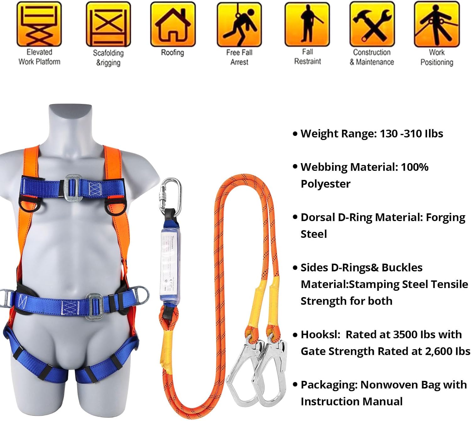 TT TRSMIMA Safety Harness Fall Protection Kit: Full Body Roofing harnesses with Shock Absorbing Lanyard - Updated Comfortable Waist Pad - Image 2