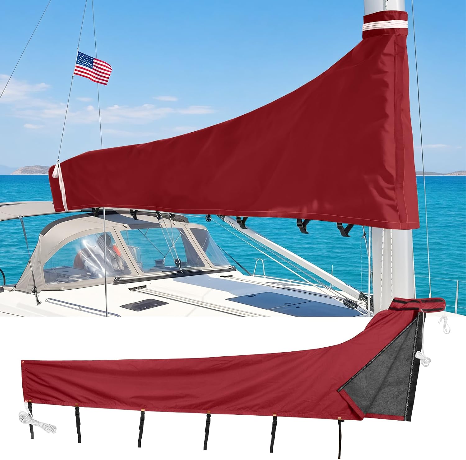 Mainsail Boom Cover for Sailboats, 1200D Waterproof UV-Resistant Sailboat Mainsail Cover, Waterproof, Heavy Duty Sailboat Boom Cover Fits 10-11 ft Boom, Burgundy