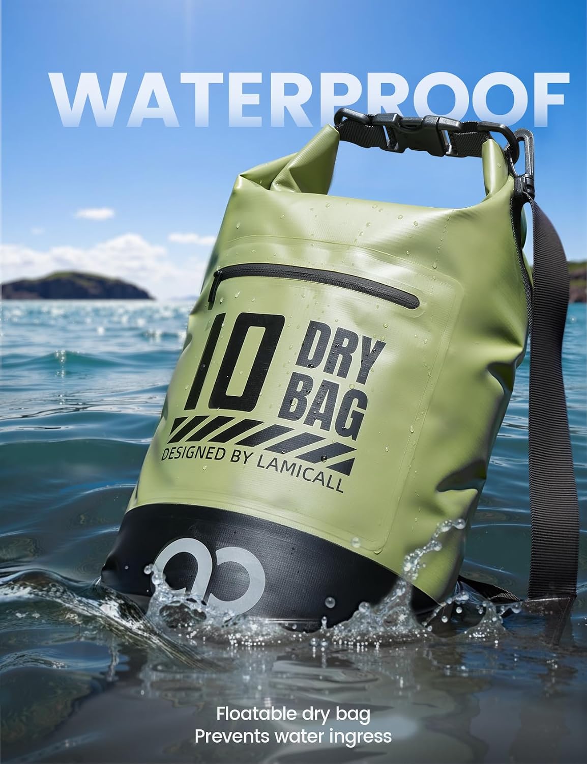 Lamicall Waterproof Dry Bag with Phone Pouch - 5L/10L/20L/30L/40L Floating Roll Top Backpack for Kayaking Boating Beach Camping Fishing - Heavy Duty 500D PVC Marine Dry Sack for Men, Women, Green 10L - Image 3