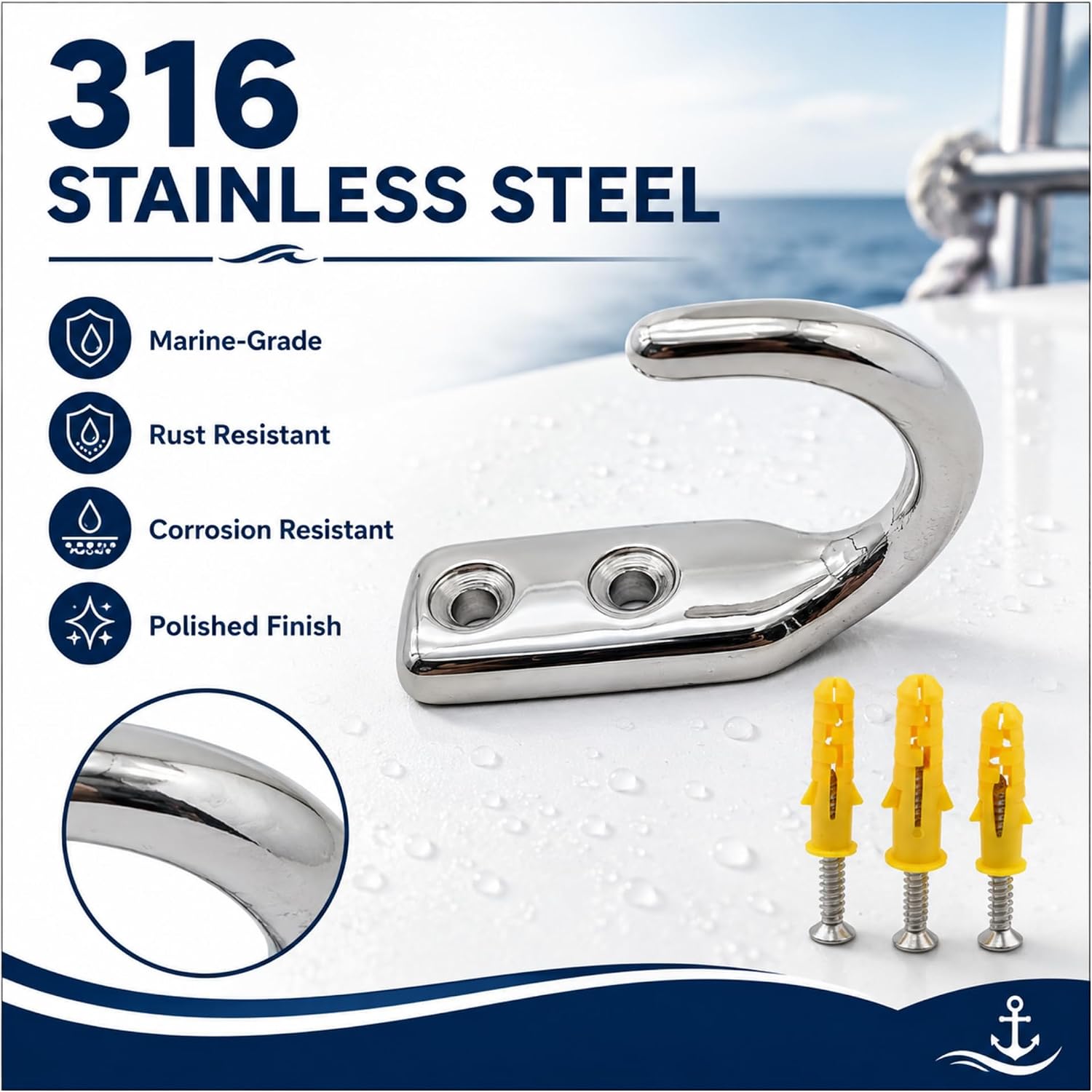 Shimeyao 12 Pcs 2 Inch Heavy Duty Boat Hook Holders Stainless Steel 316 Dock Line Holder for Boat Docks Lines Accessories UV Resistant Saltwater Resistant Dock Hooks for Marine Kayak Rope Storage - Image 3