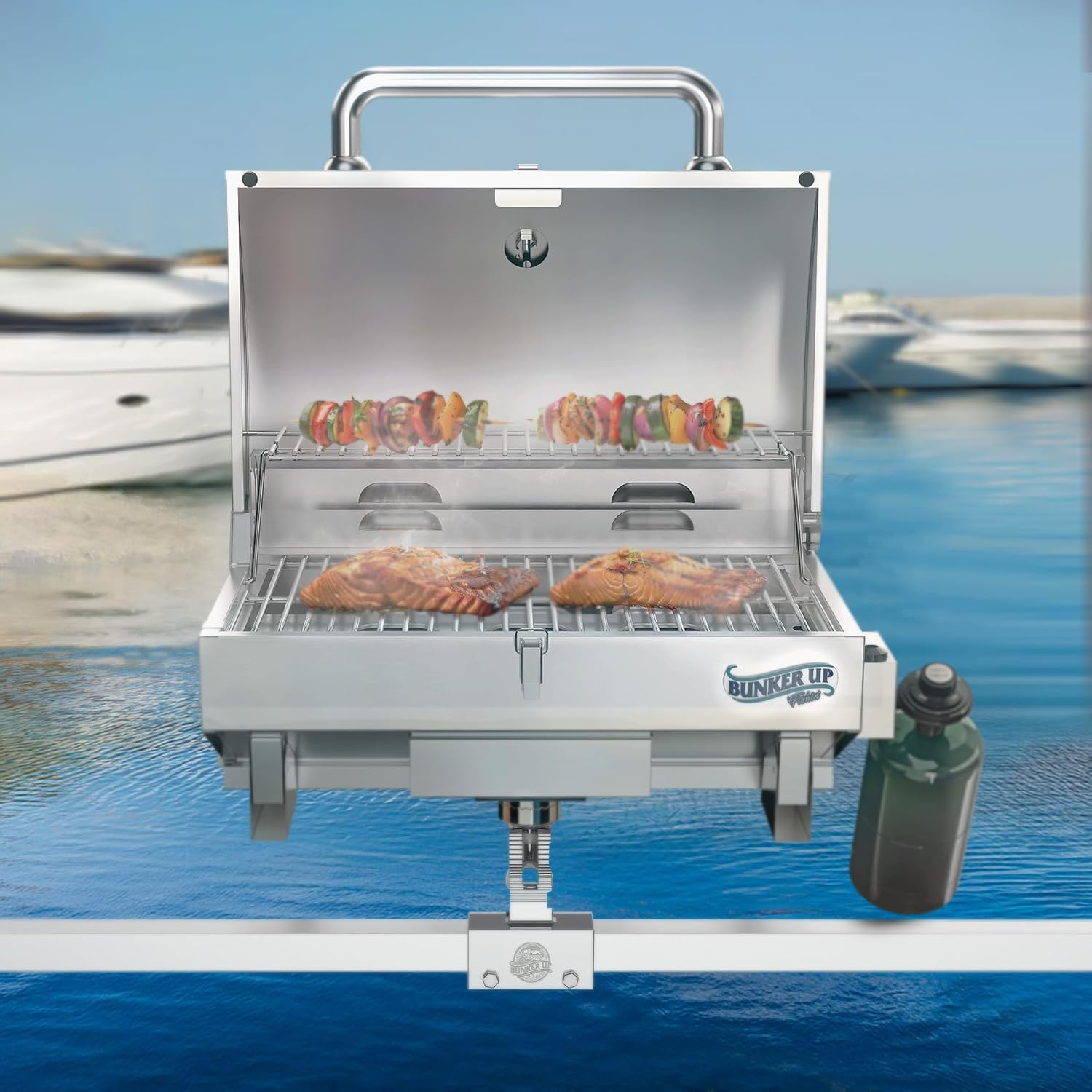 Bunker Up Fishin Stainless Steel Boat Grill with Pontoon Railing Mount - Fits 1 1/4″ Square Rail - Great for Boating and Camping, 12000 BTU, 277 sq.in Grilling Space and 87 sq.in Warming Rack - Image 8
