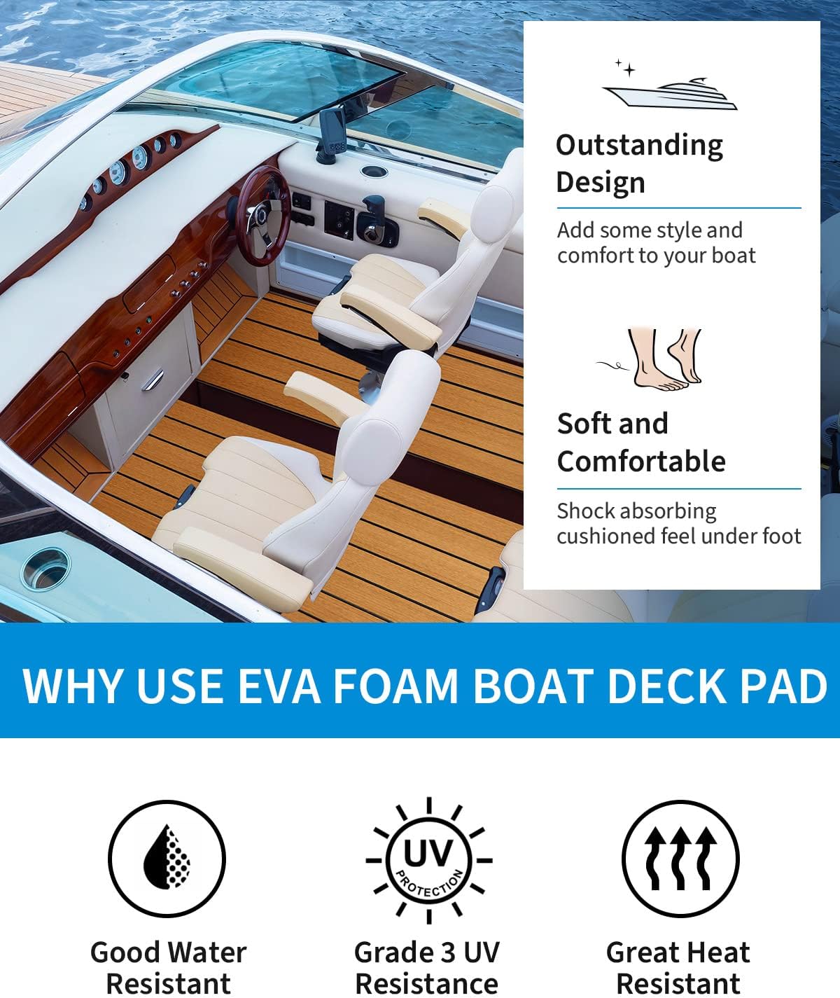 OCEANBROAD EVA Foam Boat Flooring with 3M Adhesive Backing Marine Self-Adhesive Decking 96''x45.6''/36''/28.8''/16.8'', 48''x16.8'' Faux Teak Sheet for Jon Boats Swim Platform Helm Pad RV Floor | Double-layer, Non-Slip, 6 mm Thick Eva Foam, Multiple Sizes and Colors, Easy to Install, For Marine Decking - Image 4