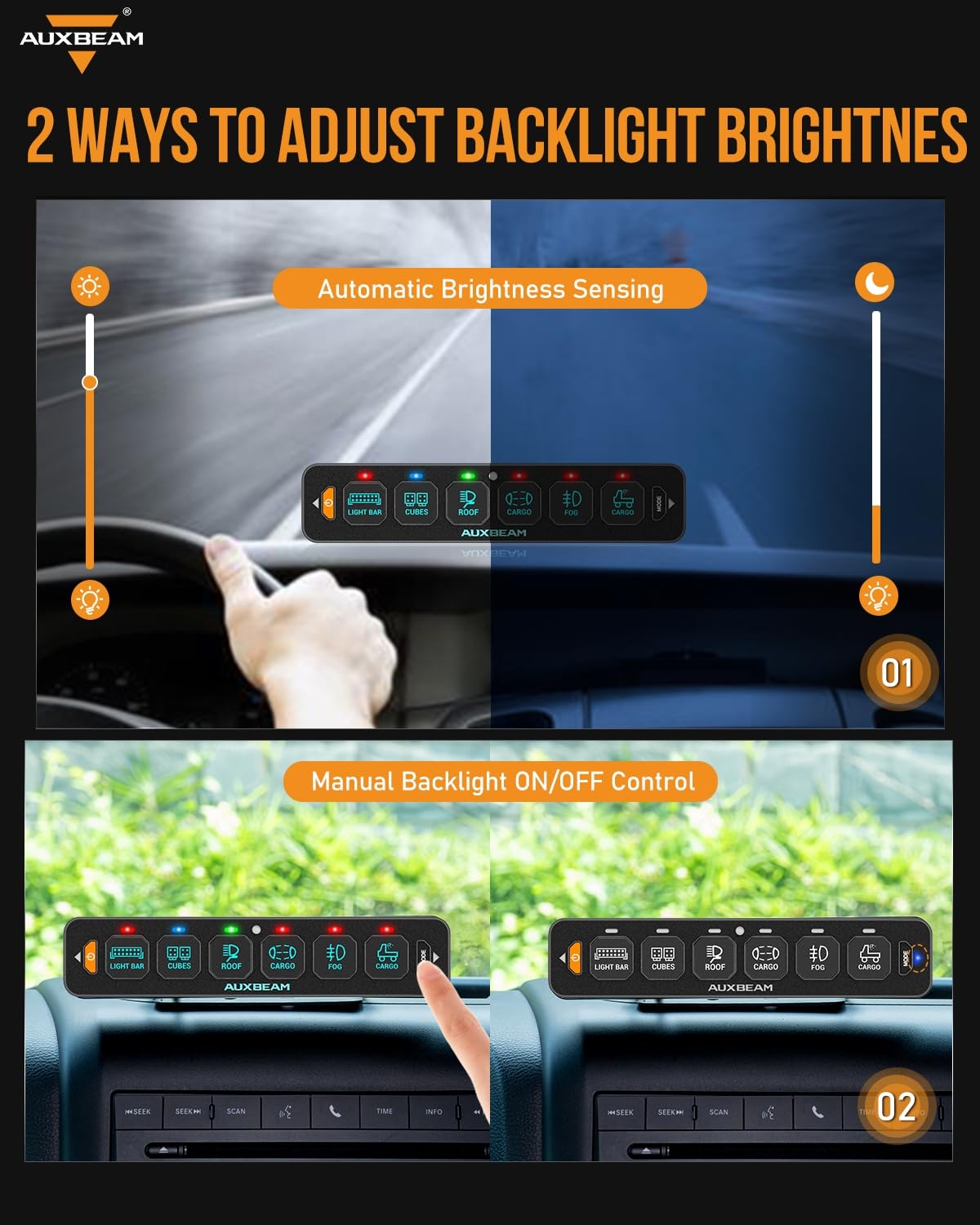 Auxbeam 6 Gang Slim Switch Panel RGB AS-R60 Automatic Dimmable Switch Panel with Toggle Momentary Pulsed Off Backlight Unique Patented Design Control Panel for Truck Offroad Boat, 3-Year Warranty - Image 2