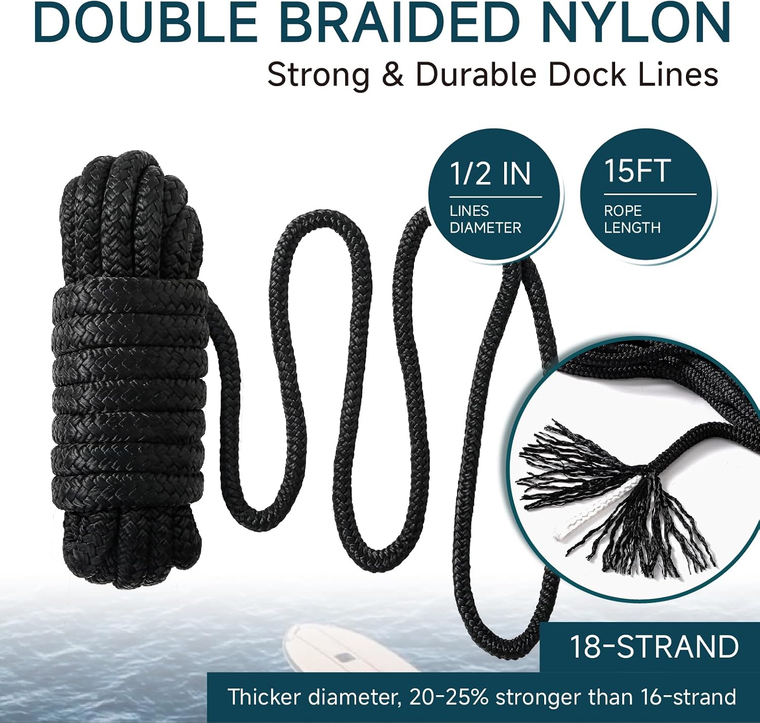AUTOWN 4 Pack 1/2" x 15' Boat Dock Lines, Premium Marine-Grade Double Braided Nylon Dock Line, High Strength Boat Rope for Docking with 12" Loop, Easy Handling, Black - Image 2