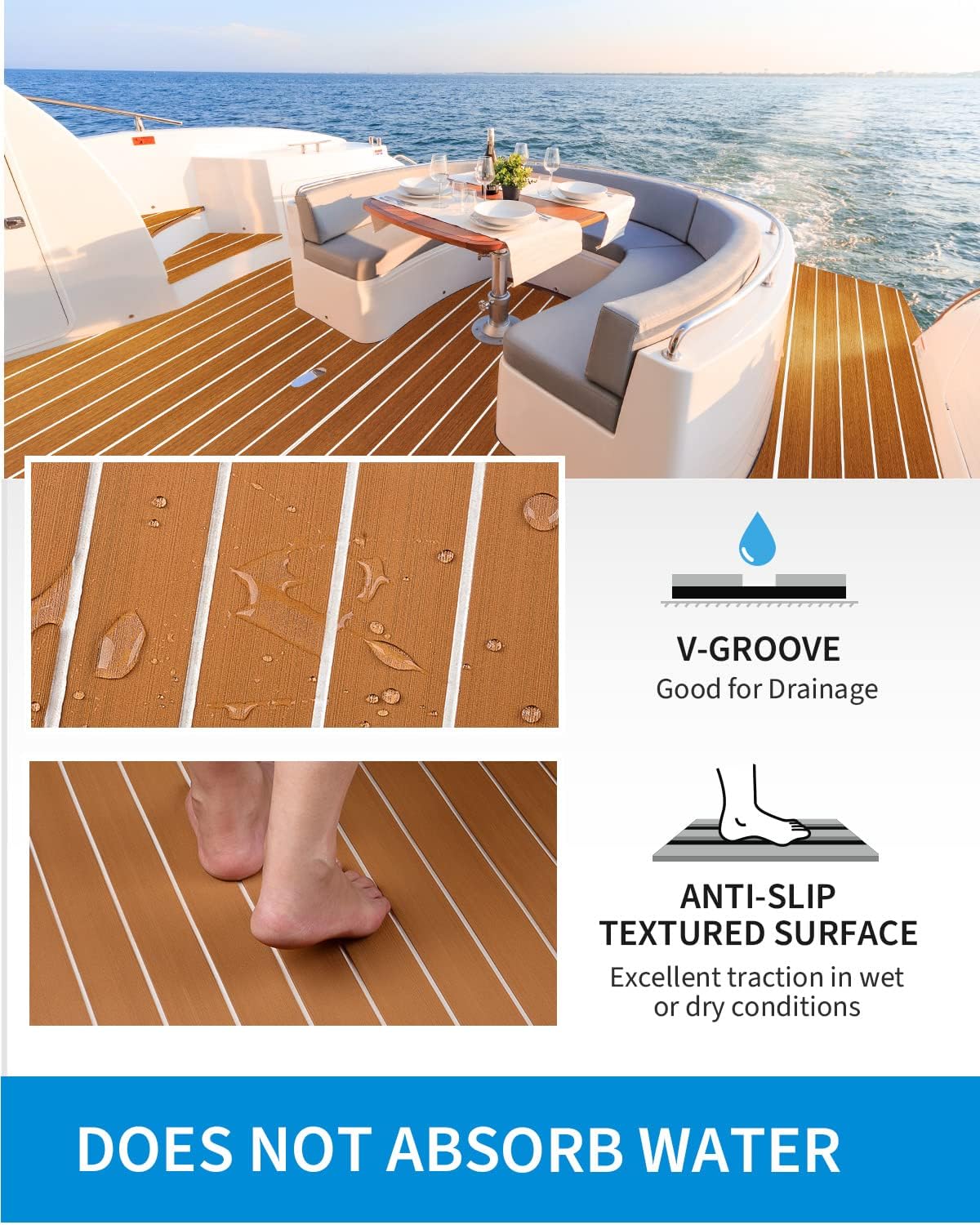 OCEANBROAD EVA Foam Boat Flooring with 3M Adhesive Backing Marine Self-Adhesive Decking 96''x45.6''/36''/28.8''/16.8'', 48''x16.8'' Faux Teak Sheet for Jon Boats Swim Platform Helm Pad RV Floor | Double-layer, Non-Slip, 6 mm Thick Eva Foam, Multiple Sizes and Colors, Easy to Install, For Marine Decking - Image 3
