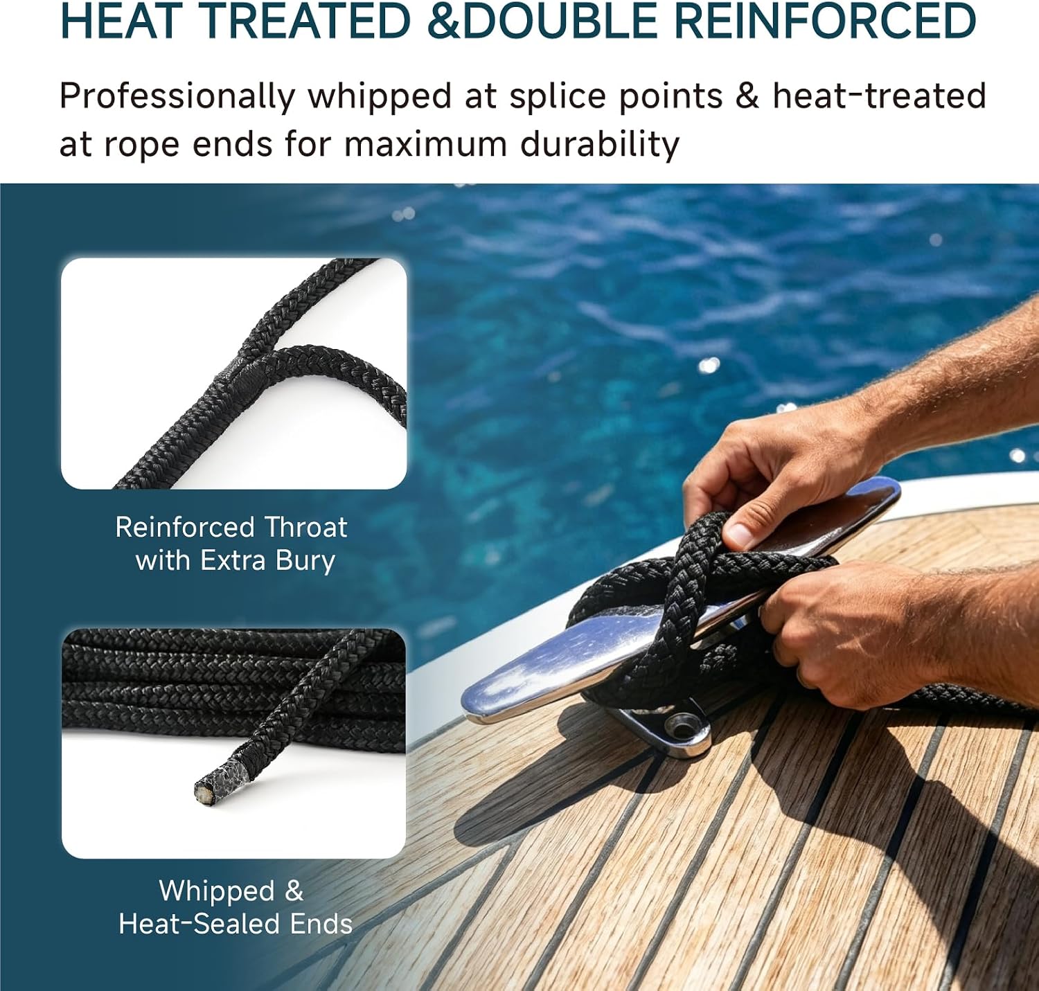 AUTOWN 4 Pack 3/8" x 15' Boat Dock Lines, Premium Marine-Grade Double Braided Nylon Dock Line, High Strength Boat Rope for Docking with 12" Loop, Easy Handling, Black - Image 4