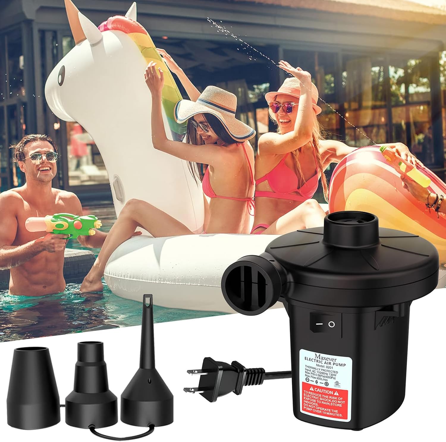 Quick-Fill Electric Air Pump with 3 Nozzles | 2 in 1 Inflator Deflator, Inflatables Pool Float Toys, Indoor Use & Outdoor Camping, AC 110V-120V - Image 5