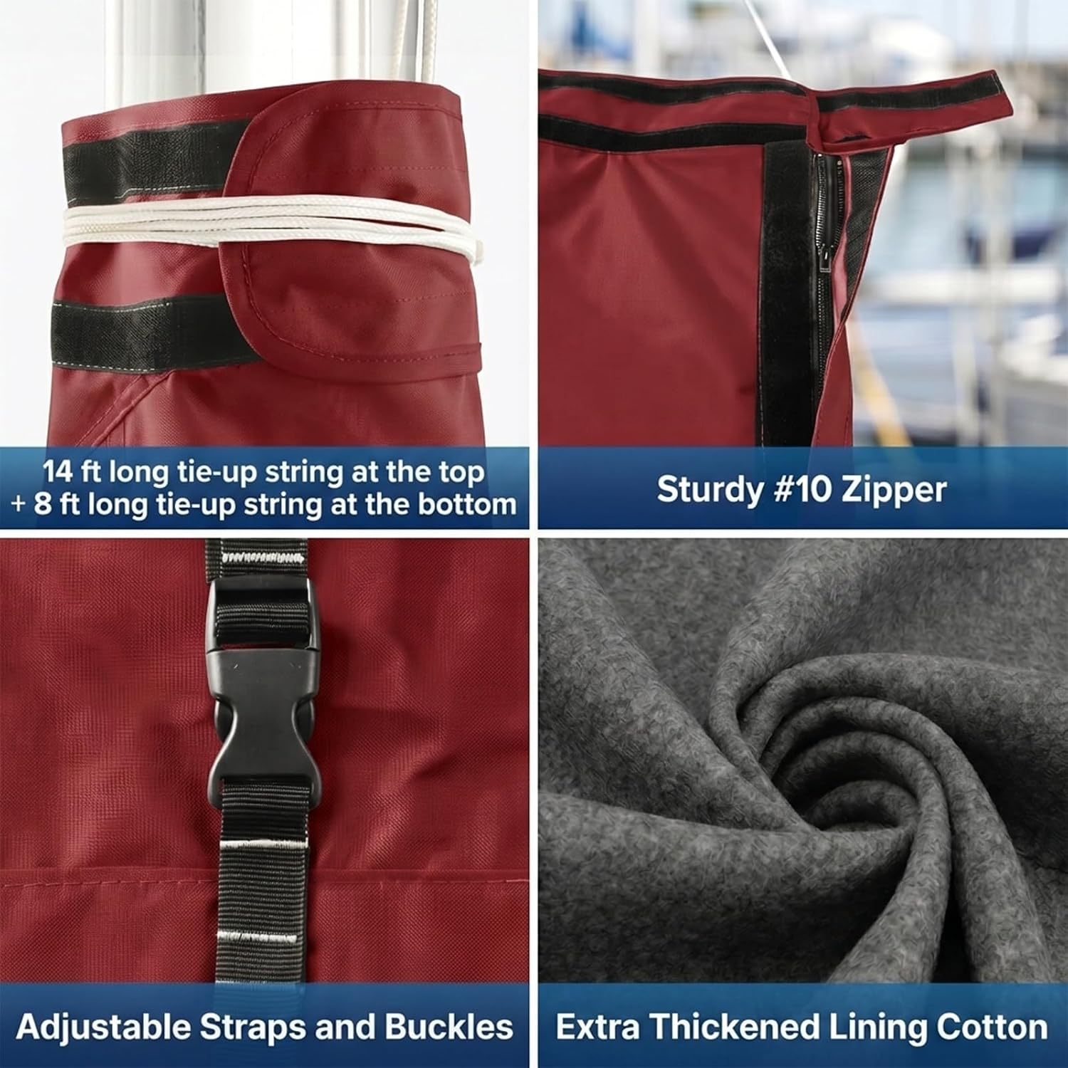 Mainsail Boom Cover for Sailboats, 1200D Waterproof UV-Resistant Sailboat Mainsail Cover, Waterproof, Heavy Duty Sailboat Boom Cover Fits 10-11 ft Boom, Burgundy - Image 5