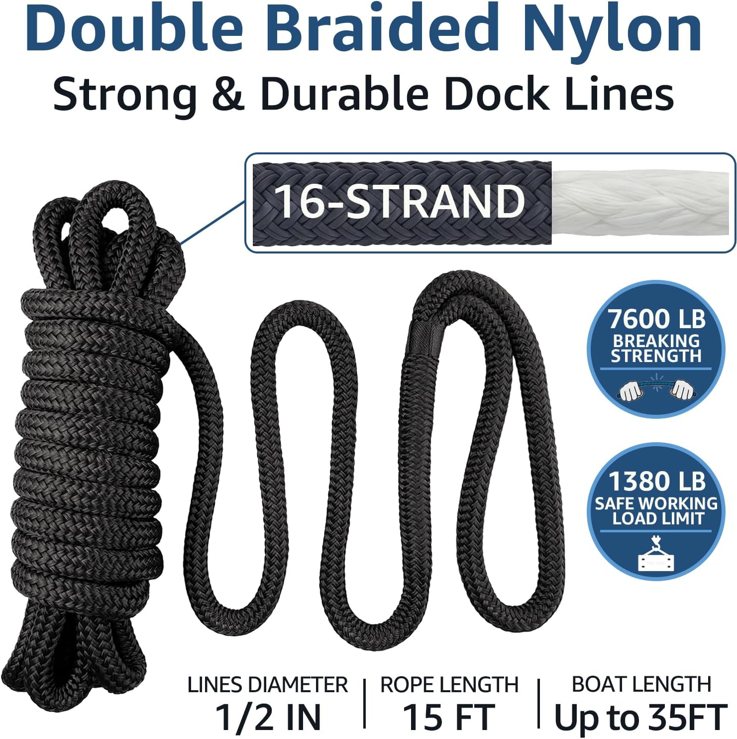 Boat Dock Lines 1/2" x 15' - Double Braided Nylon Boat Ropes for Docking with 12" Loop, Marine-Grade High Strength Boat Lines Dock Rope, Premium Marine Rope Mooring Lines, Easy Handling - 4 Pack,Black - Image 2