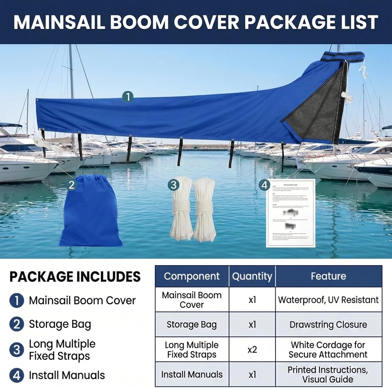 Mainsail Boom Cover for Sailboats, 1200D Waterproof UV-Resistant Sailboat Mainsail Cover, Waterproof, Heavy Duty Sailboat Boom Cover Fits 11-12 ft Boom, Blue - Image 6