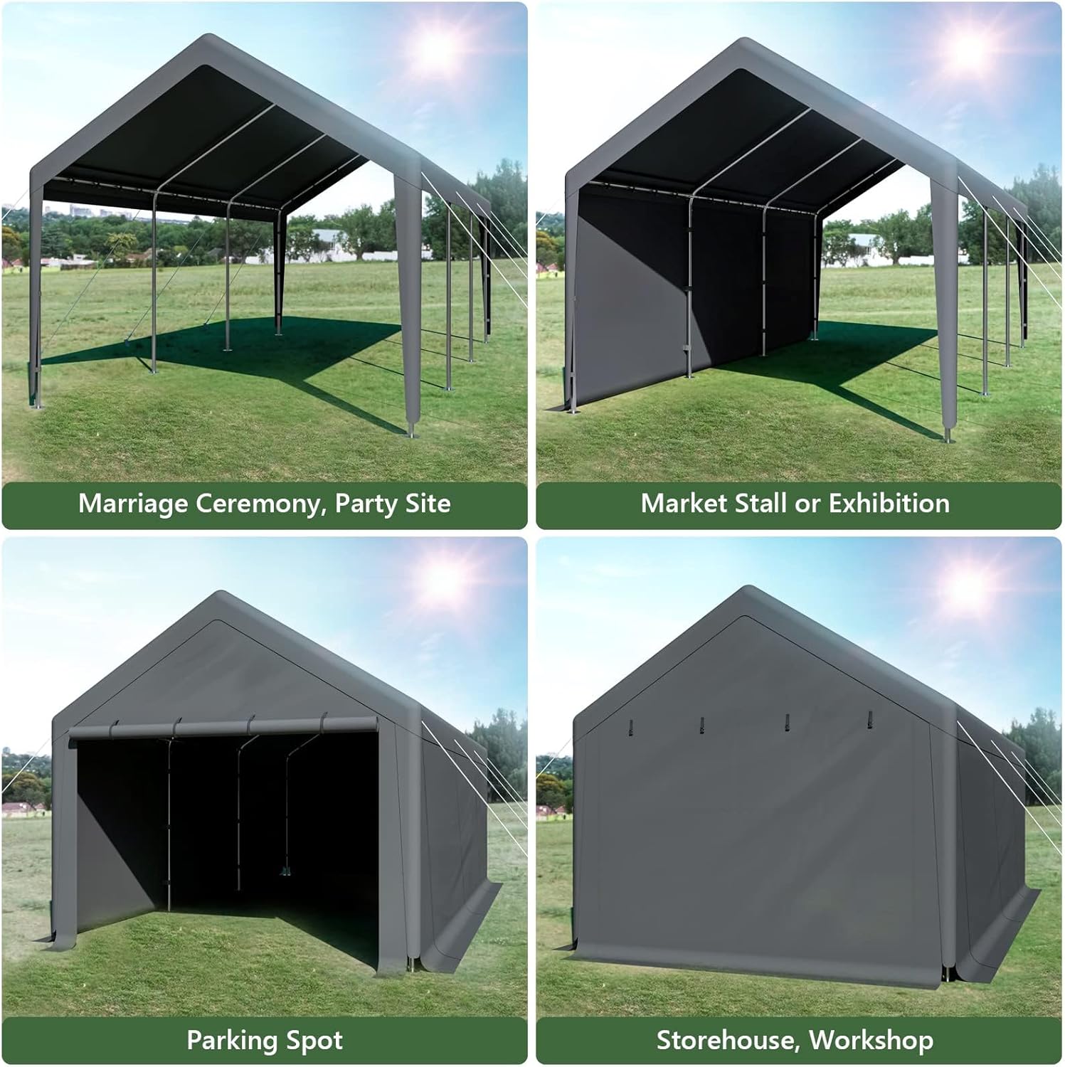 Carport 10x20 Ft Heavy Duty Canopy Steel Canopy Storage Shed,Portable Garage Party Tent,Portable Garage with Removable Sidewalls & Doors All-Season Tarp for Carport (Grey) - Image 6