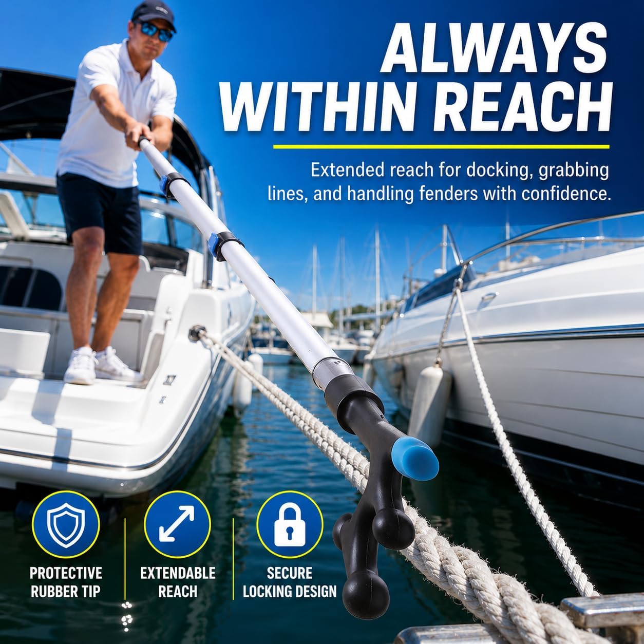 Telescoping Boat Hook for Docking, Non-Slip Rubber Tip, 3-Stage Anodized Aluminum Pole, Floating, Lightweight & Durable, Scratch-Resistant & Rustproof, 3/4" Threaded End for Push Pull Boating - Image 4