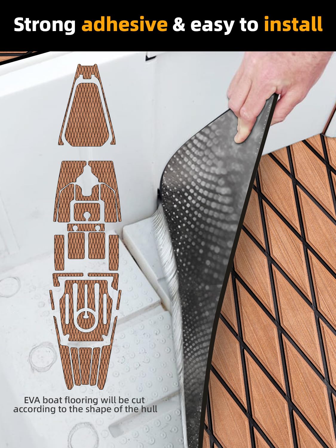FOCEAN Boat Flooring EVA Foam Boat Decking Marine Mat Non-Slip Self-Adhesive Flooring Sheet for Motorboat Jon Boats Bass Boat Kayak RV Floor, 94.5''x 15.7'', Brown with Black Lines - Image 3