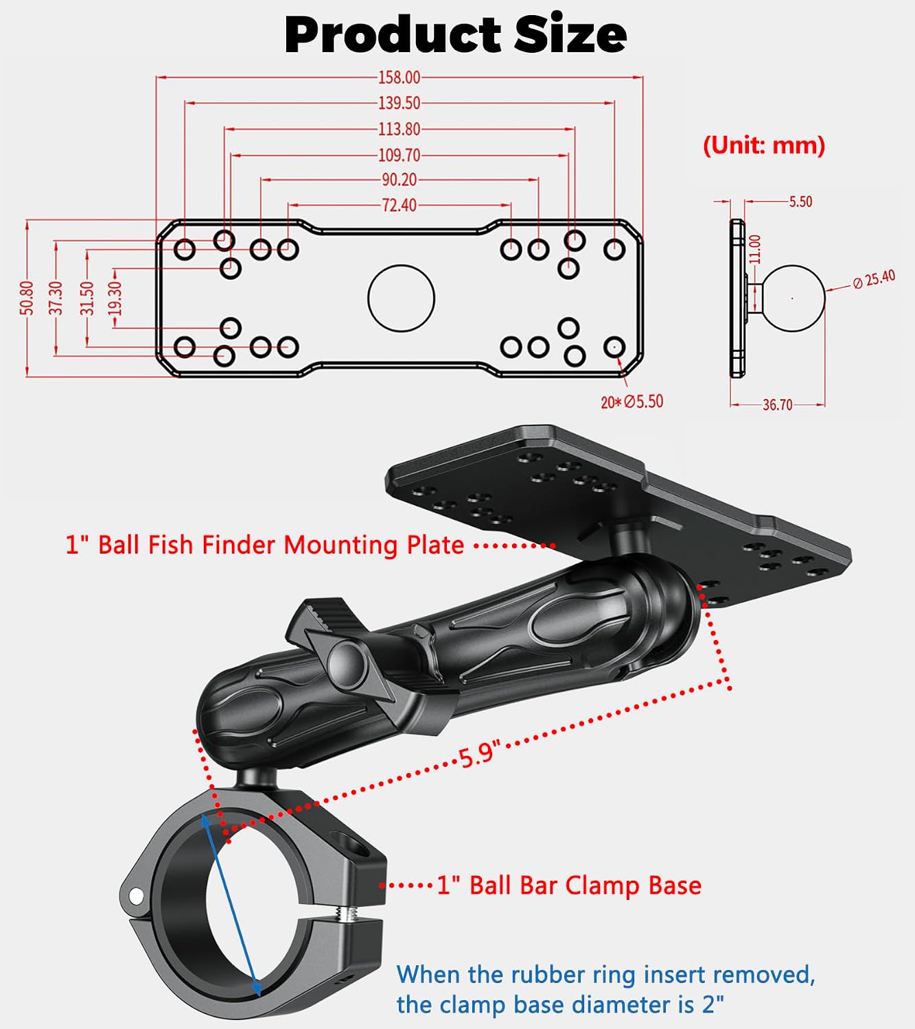 VAZESWIN Aluminum Alloy 1" Ball Fish Finder Mount, 5.9" Long Arm Marine Electronic Mount with Bar Clamp Base, Fit 1.5" 1.65" 1.75" 1.85" 2" Round Rail, for Garmin, Lowrance, Humminbird, Raymarine - Image 8
