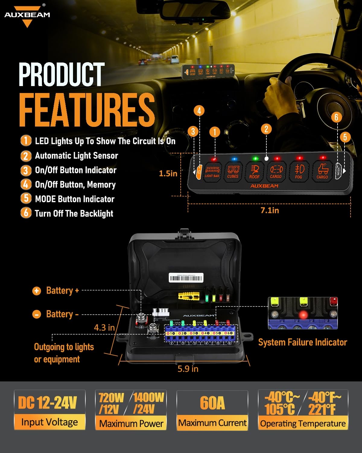 Auxbeam 6 Gang Slim Switch Panel RGB AS-R60 Automatic Dimmable Switch Panel with Toggle Momentary Pulsed Off Backlight Unique Patented Design Control Panel for Truck Offroad Boat, 3-Year Warranty - Image 5