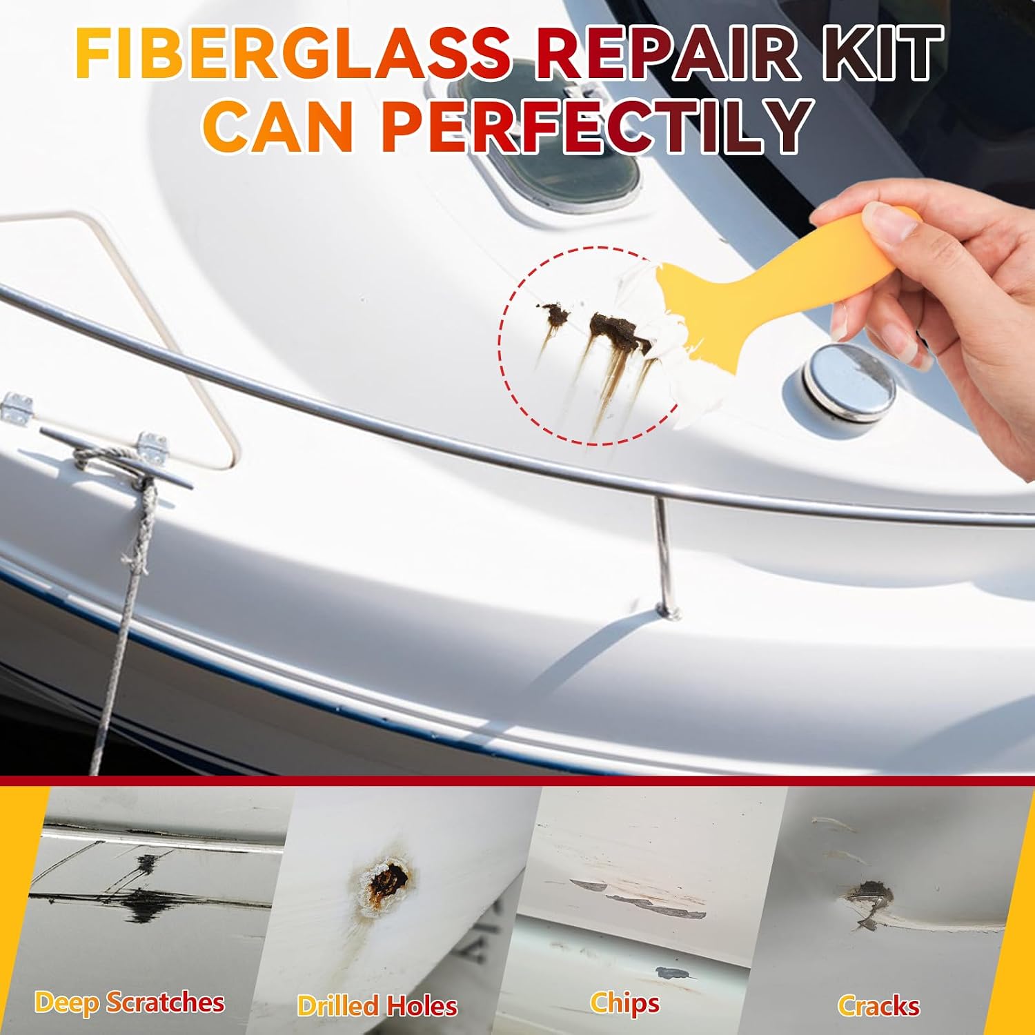 Marine Fiberglass Repair Kit for Boats, Gel Coat Repair Kit for Boats, Epoxy Filler for Fiberglass Boats Fix Holes, Chips and Deep Cracks, Gelcoat repair kit for Fiberglass, Acrylic, Porcelain(White) - Image 2