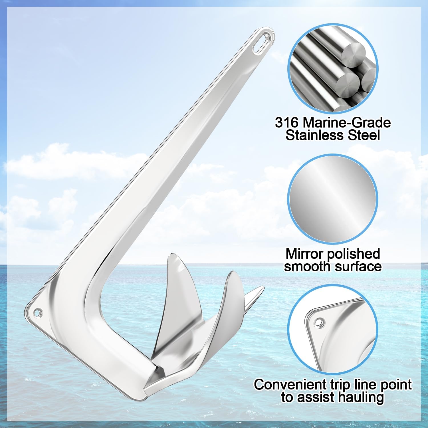 316 Stainless Steel Bruce Style Claw Anchor, Marine Grade Mirror Polished Boat Anchor for Saltwater Boats, Sailboats, Cruisers, Fishing Boats & Bow Roller Setup, 11 lb/16.5 lb/22 lb - Image 2