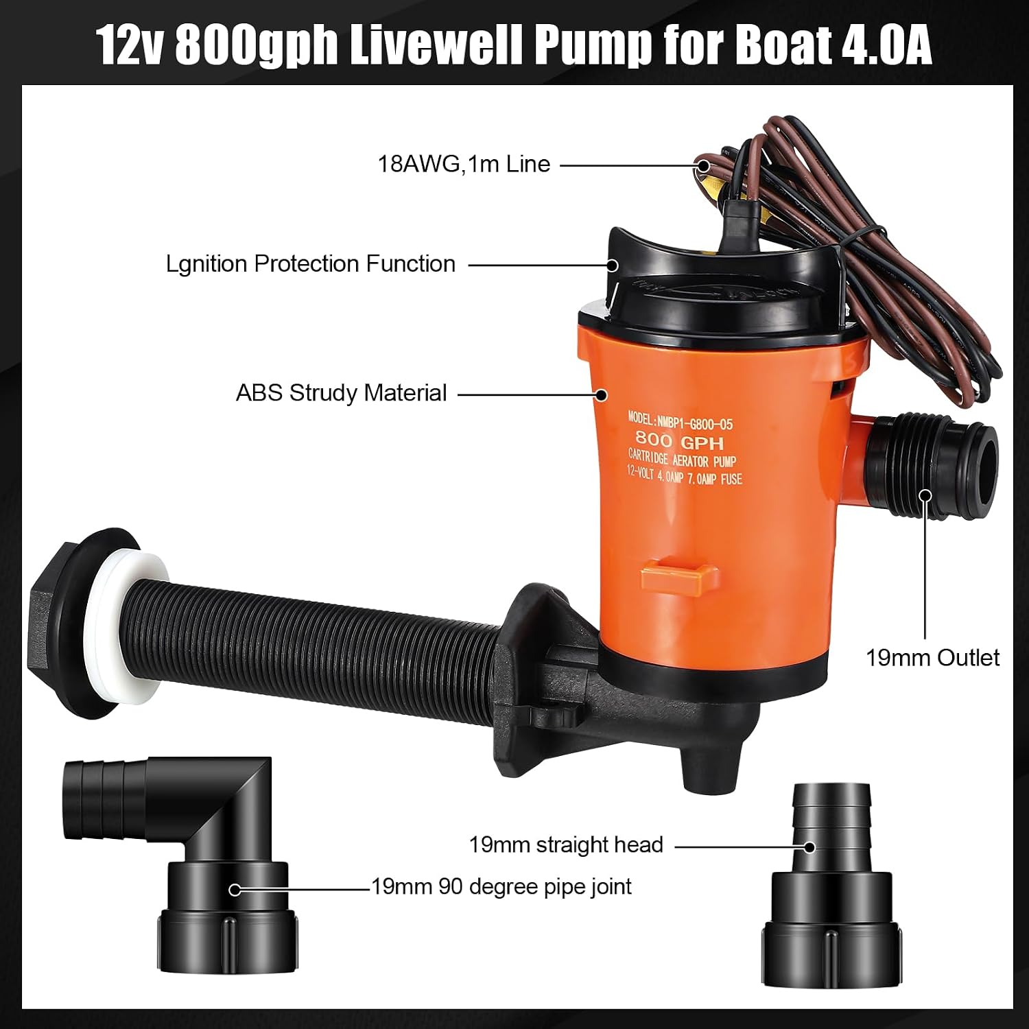 Retisee 12V 800GPH Livewell Pump Kit for Boat Aerator Pump with 4 3/4'' Stainless Steel Mesh Strainer Marine Baitwell Replacement for Fishing Tank Submersible Cartridge Aerator Boat Marine Yacht - Image 4