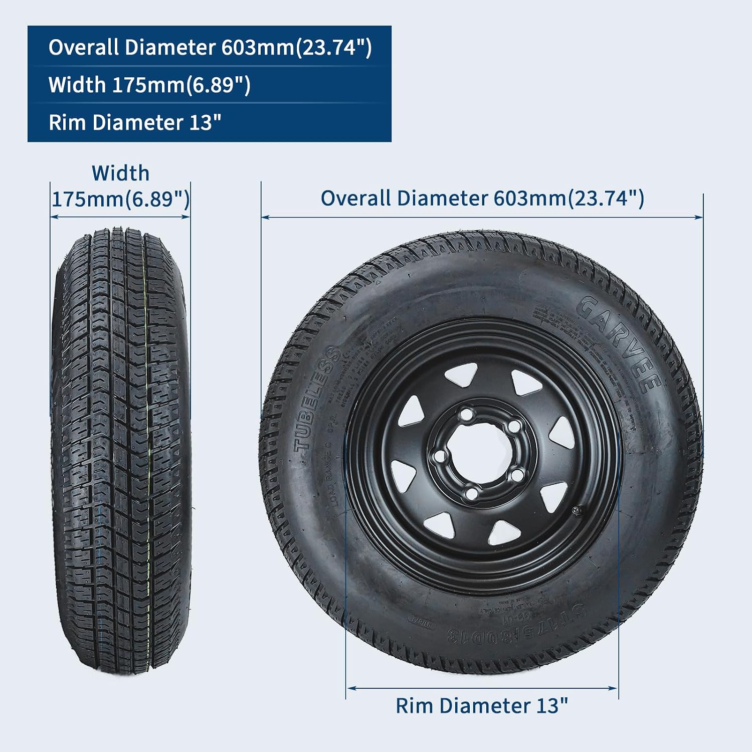 GarveeTech 2-Pack Trailer Tire On Rim ST175/80D13 Trailer Tires and Wheels 5 Lug on 4.5 in PCD Trailer Tires with 13 in Rims Load Range C 6PR Black | ST175/80D13 Trailer Tires and Wheels 5 Lug on 4.5 in PCD Trailer Tires with 13 in Rims Load Range C 6PR Black - Image 5